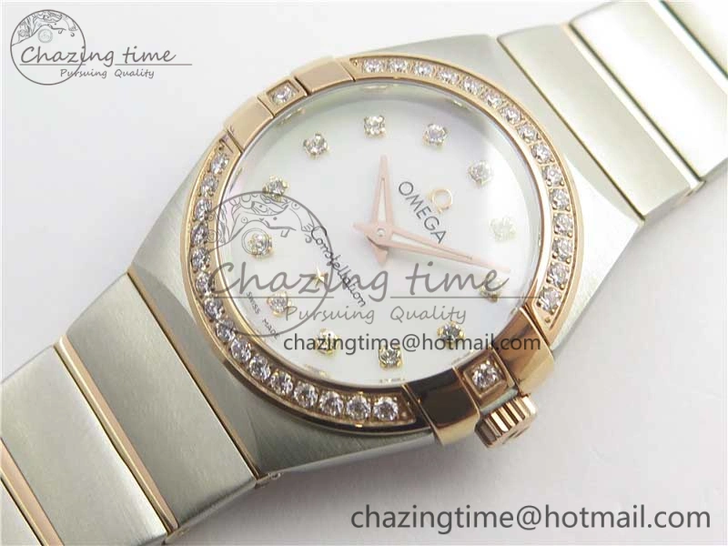 Constellation Ladies 27mm ZF 1:1 Best Edition SS RG White MOP Dial Diamonds Bezel & Markers on SS RG Bracelet ETA Quartz