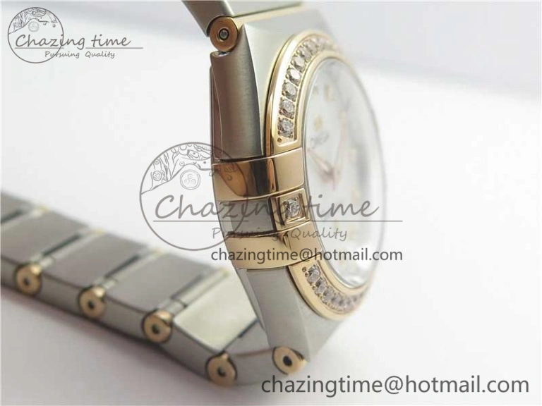 Constellation Ladies 27mm ZF 1:1 Best Edition SS RG White MOP Dial Diamonds Bezel & Markers on SS RG Bracelet ETA Quartz