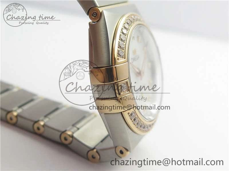 Constellation Ladies 27mm ZF 1:1 Best Edition SS RG White MOP Dial Diamonds Bezel & Markers on SS RG Bracelet ETA Quartz