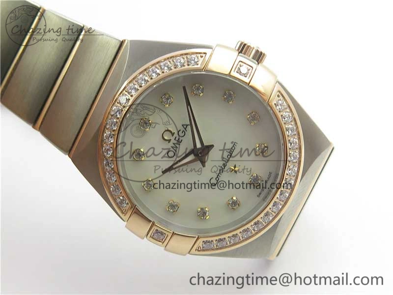 Constellation Ladies 27mm ZF 1:1 Best Edition SS RG White MOP Dial Diamonds Bezel & Markers on SS RG Bracelet ETA Quartz