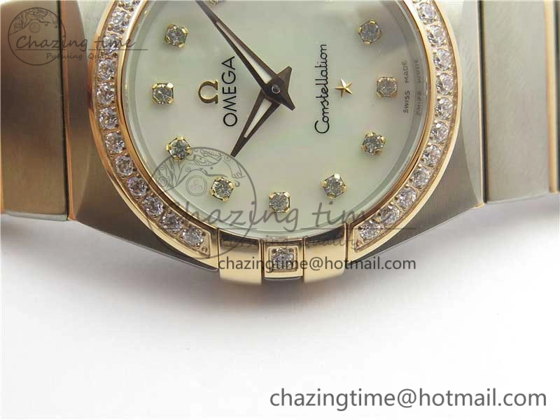 Constellation Ladies 27mm ZF 1:1 Best Edition SS RG White MOP Dial Diamonds Bezel & Markers on SS RG Bracelet ETA Quartz