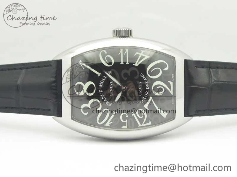 Crazy Hours Real Jumping Hour SS ABF Black Dial White Markers on Black Leather Strap A23J
