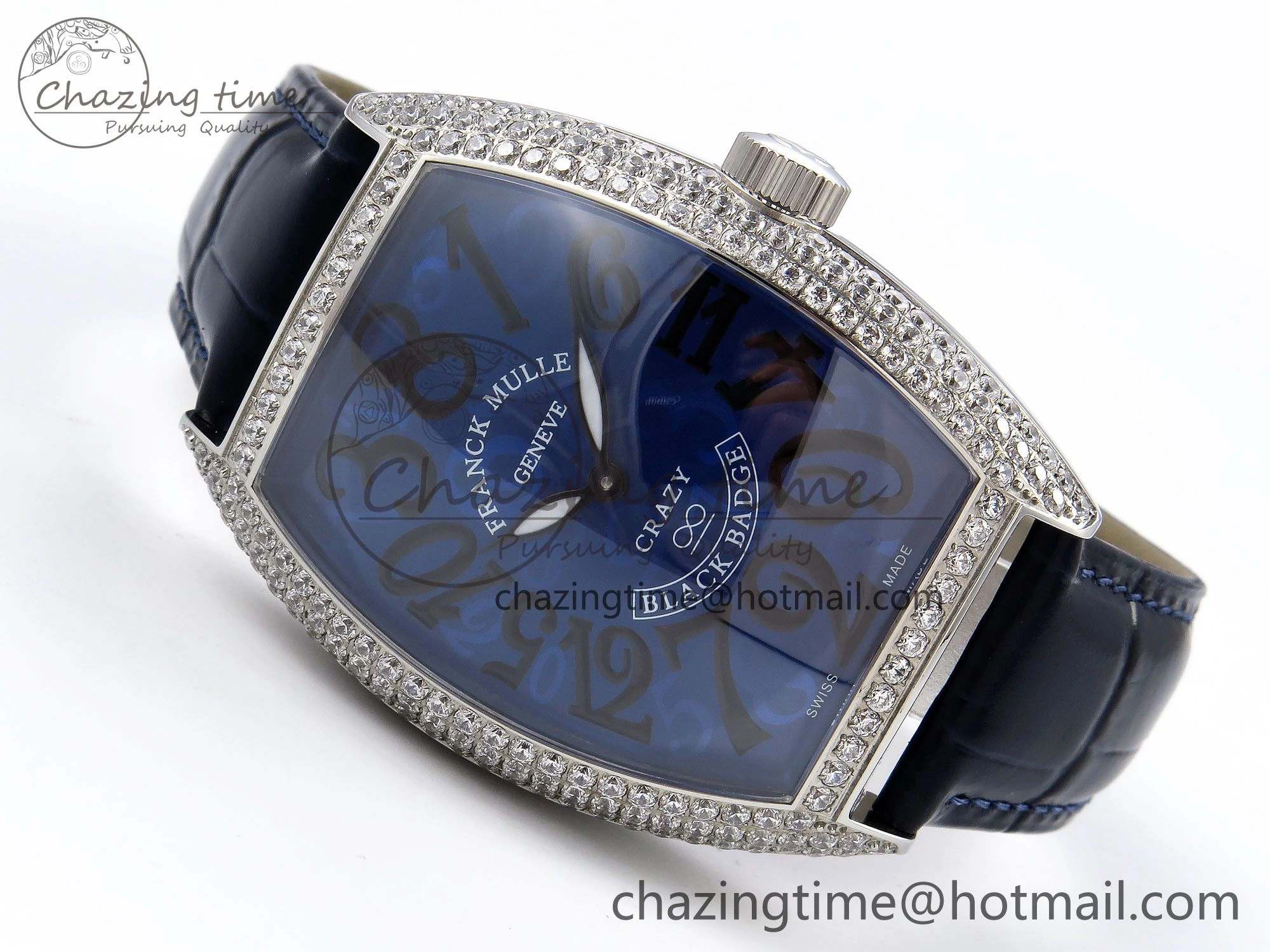 Crazy Hours SS TWF Best Edition Blue Dial Diamonds Bezel on Blue Leather Strap A23J