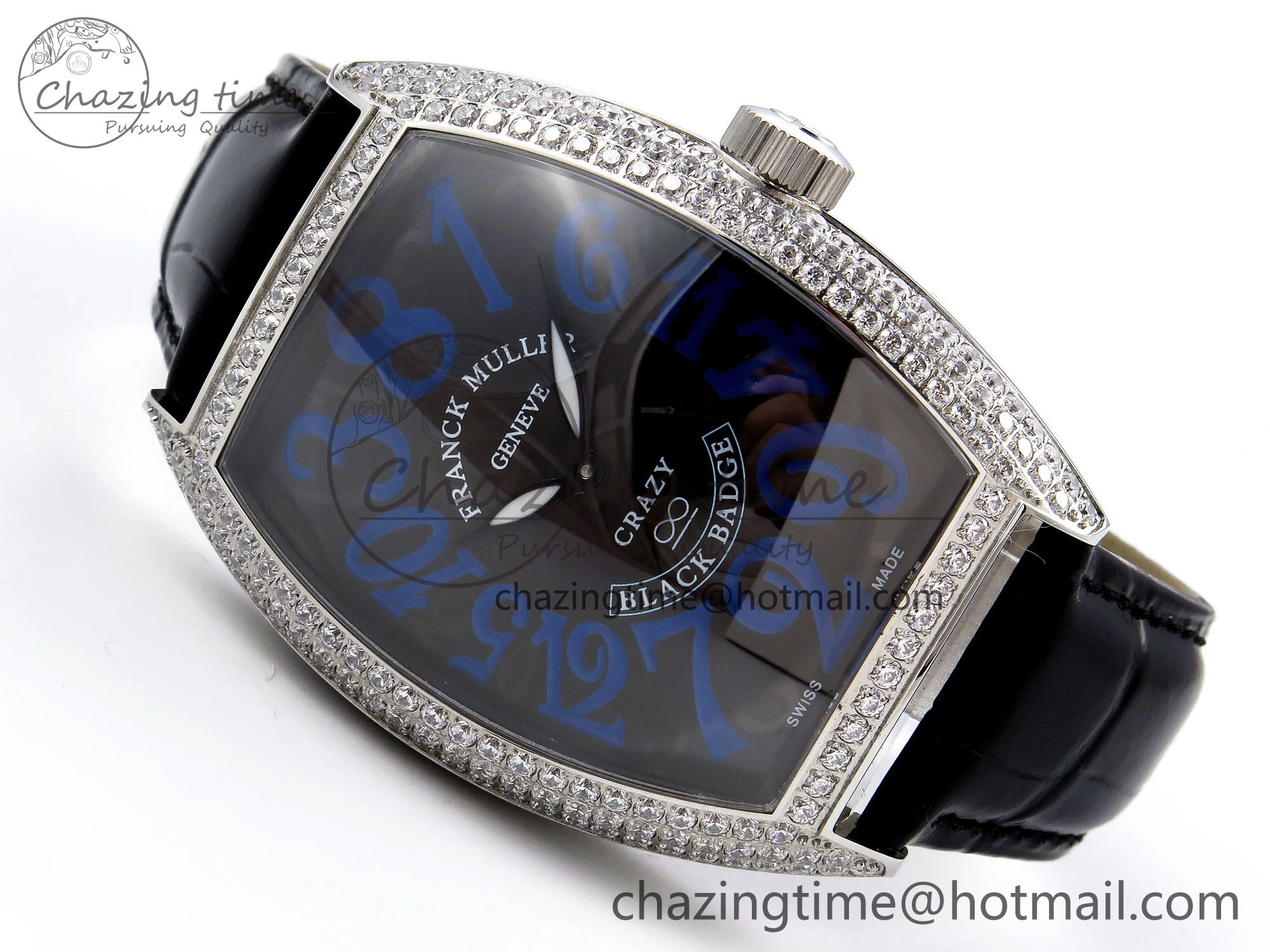 Crazy Hours SS TWF Best Edition Gray Dial Diamonds Bezel on Black Leather Strap A23J