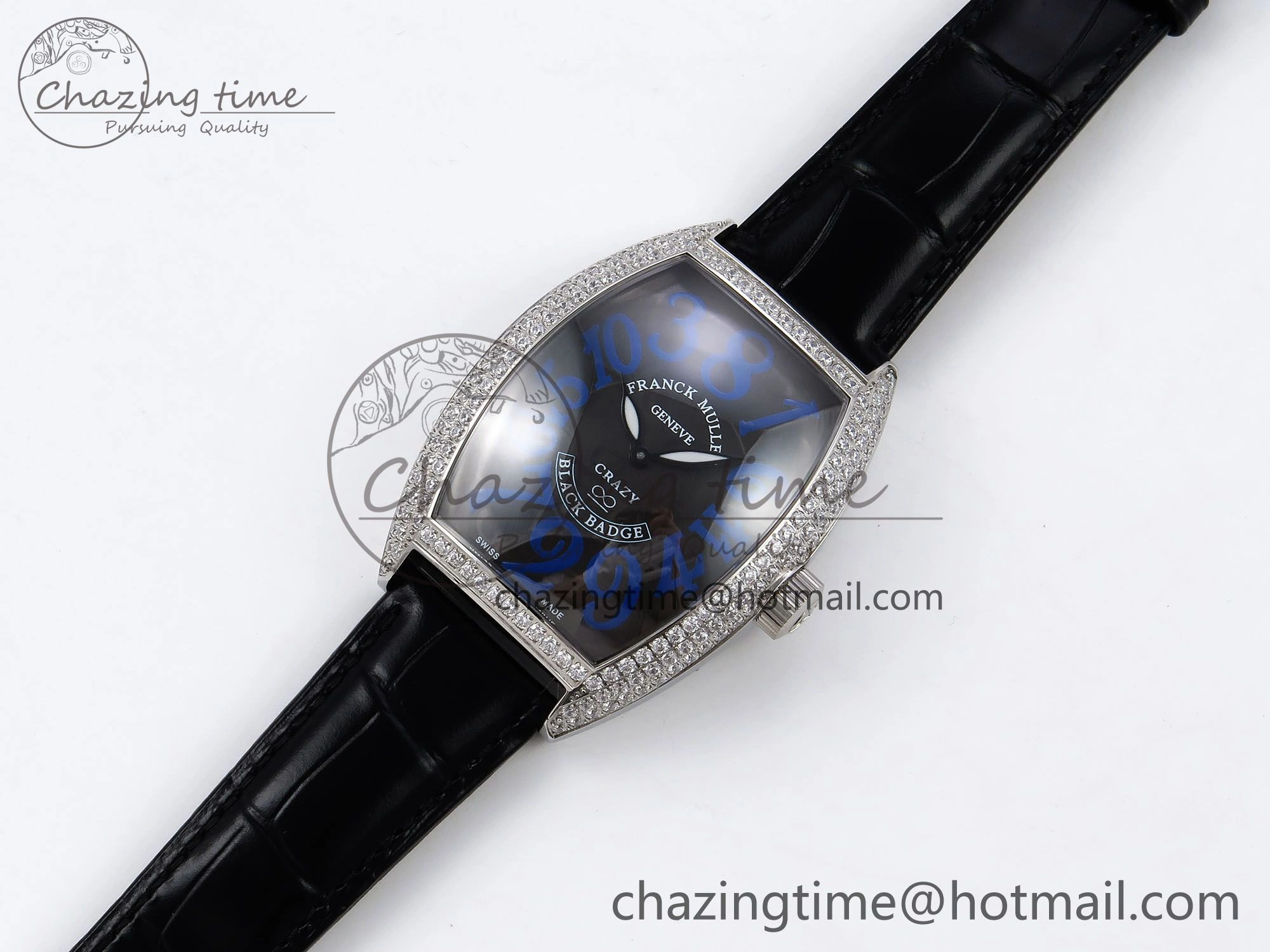 Crazy Hours SS TWF Best Edition Gray Dial Diamonds Bezel on Black Leather Strap A23J