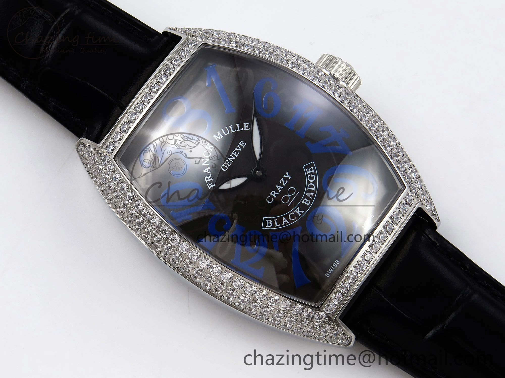 Crazy Hours SS TWF Best Edition Gray Dial Diamonds Bezel on Black Leather Strap A23J