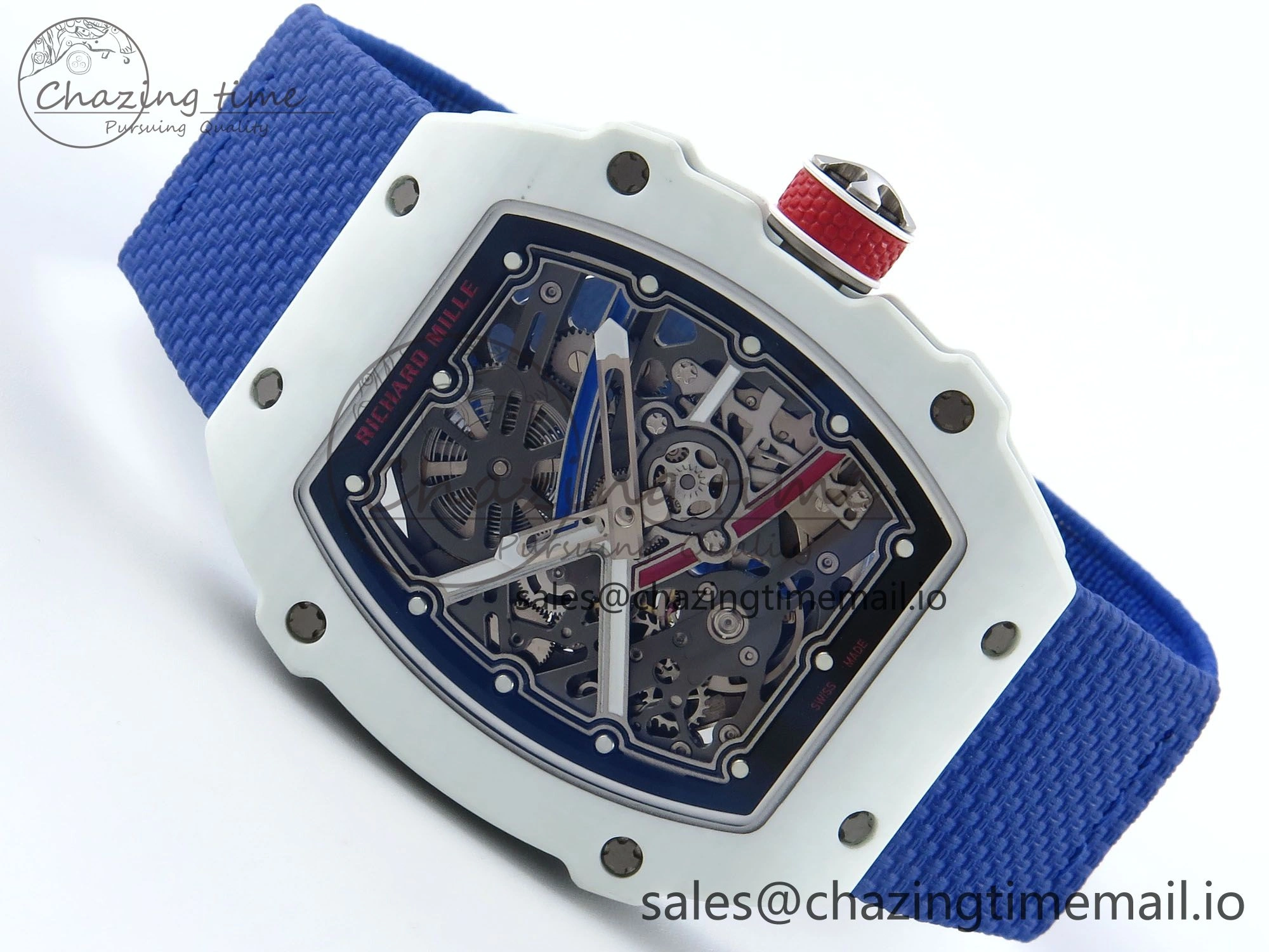 Custom Made RM67-02 White NTPT France Dial on Blue Nylon strap CRMA7 Clone