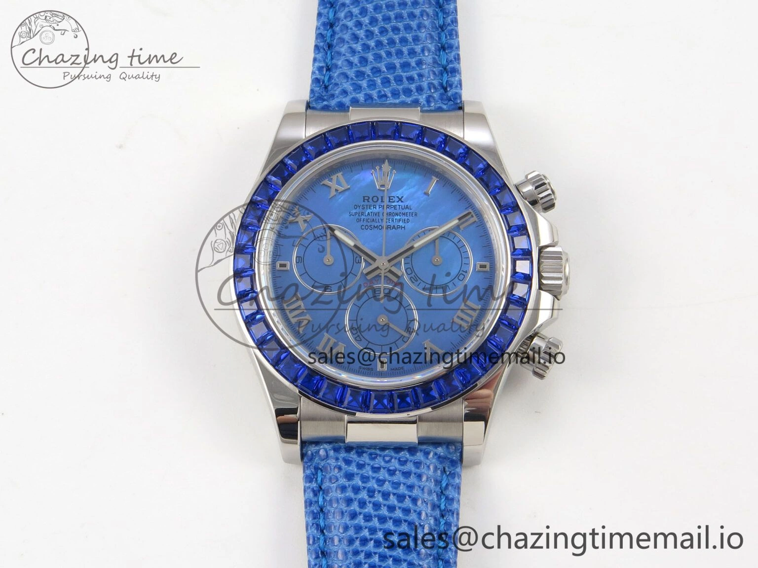 Custom Modded Daytona 40mm MPF Blue Dial Diamonds Bezel on Blue Leather Strap SA4801
