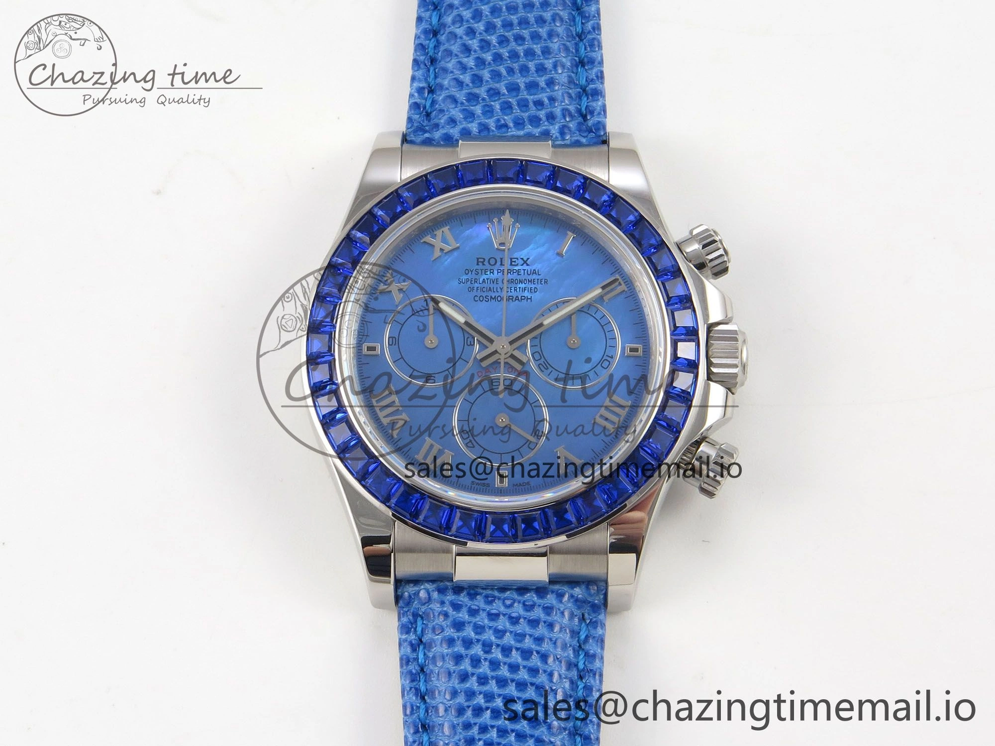 Custom Modded Daytona 40mm MPF Blue Dial Diamonds Bezel on Blue Leather Strap SA4801