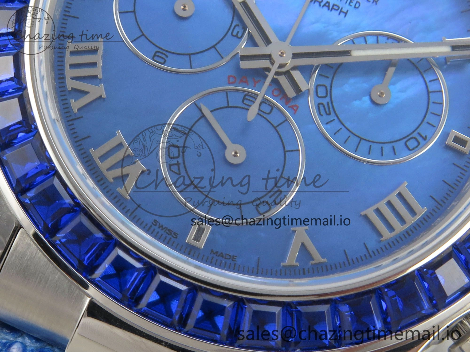 Custom Modded Daytona 40mm MPF Blue Dial Diamonds Bezel on Blue Leather Strap SA4801