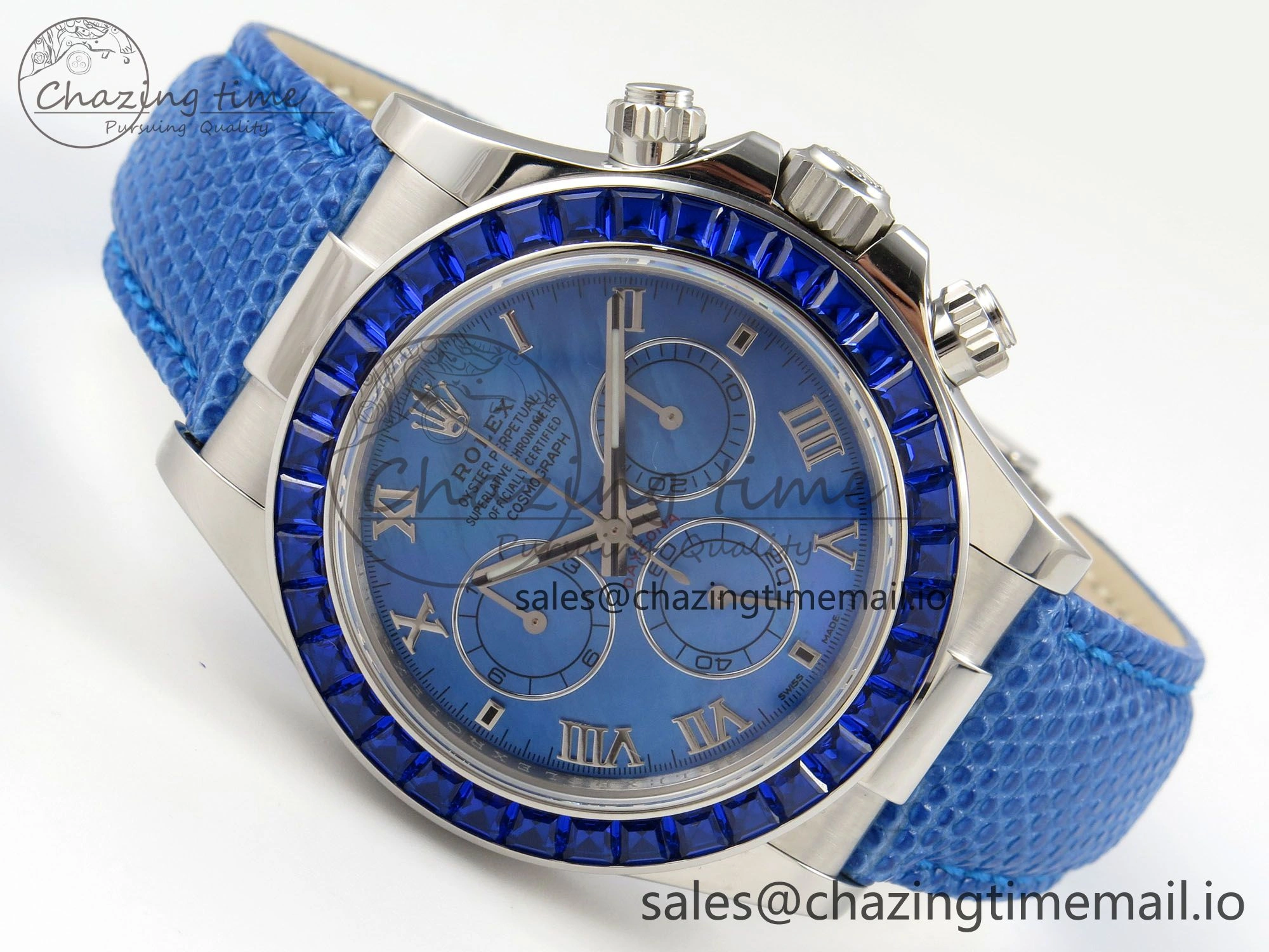 Custom Modded Daytona 40mm MPF Blue Dial Diamonds Bezel on Blue Leather Strap SA4801