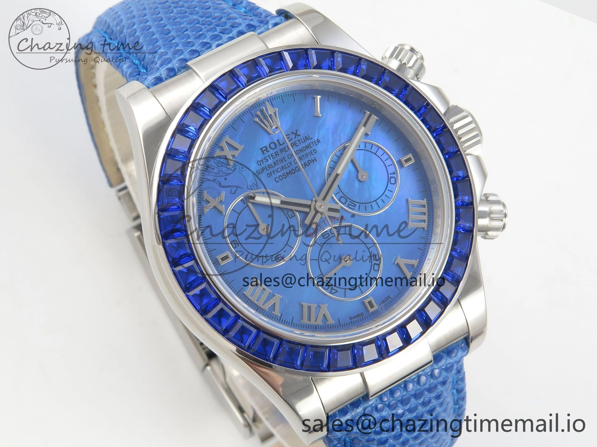 Custom Modded Daytona 40mm MPF Blue Dial Diamonds Bezel on Blue Leather Strap SA4801