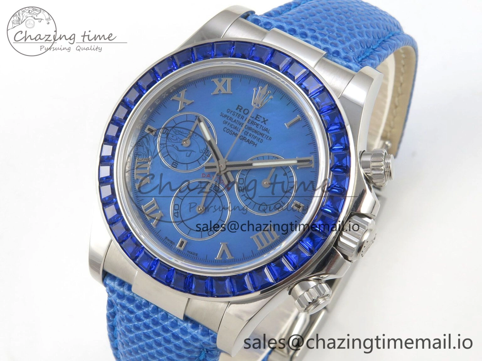 Custom Modded Daytona 40mm MPF Blue Dial Diamonds Bezel on Blue Leather Strap SA4801