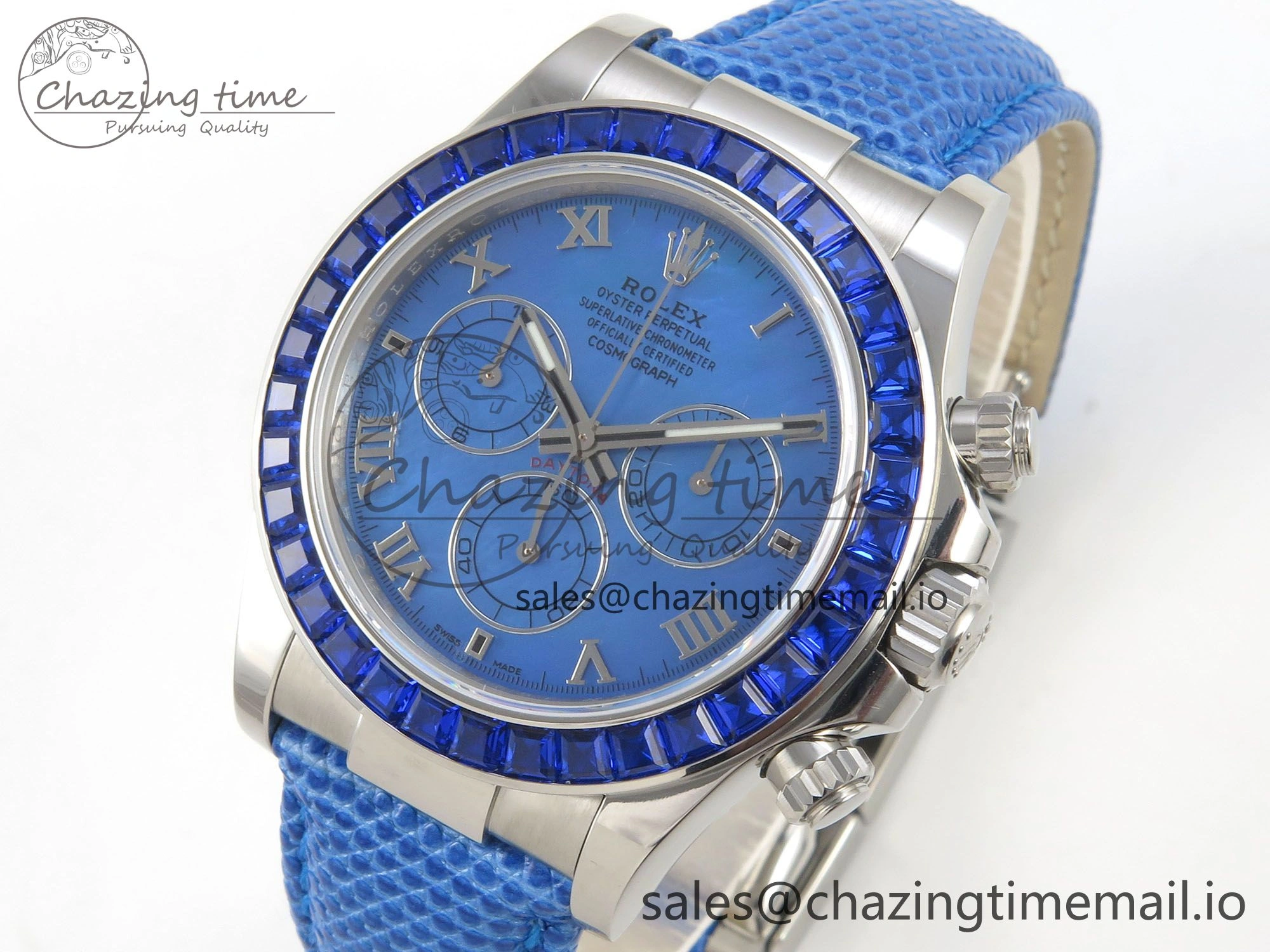 Custom Modded Daytona 40mm MPF Blue Dial Diamonds Bezel on Blue Leather Strap SA4801