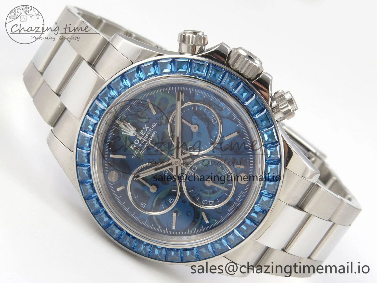 Custom Modded Daytona 40mm MPF Blue Skeleton Dial Blue Crystal Bezel on SS Bracelet SA4801