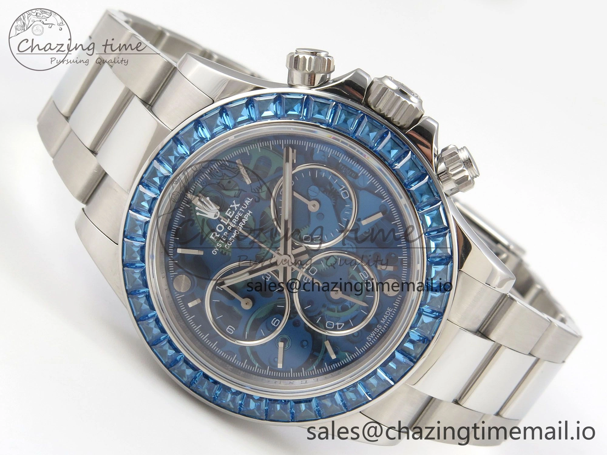 Custom Modded Daytona 40mm MPF Blue Skeleton Dial Blue Crystal Bezel on SS Bracelet SA4801