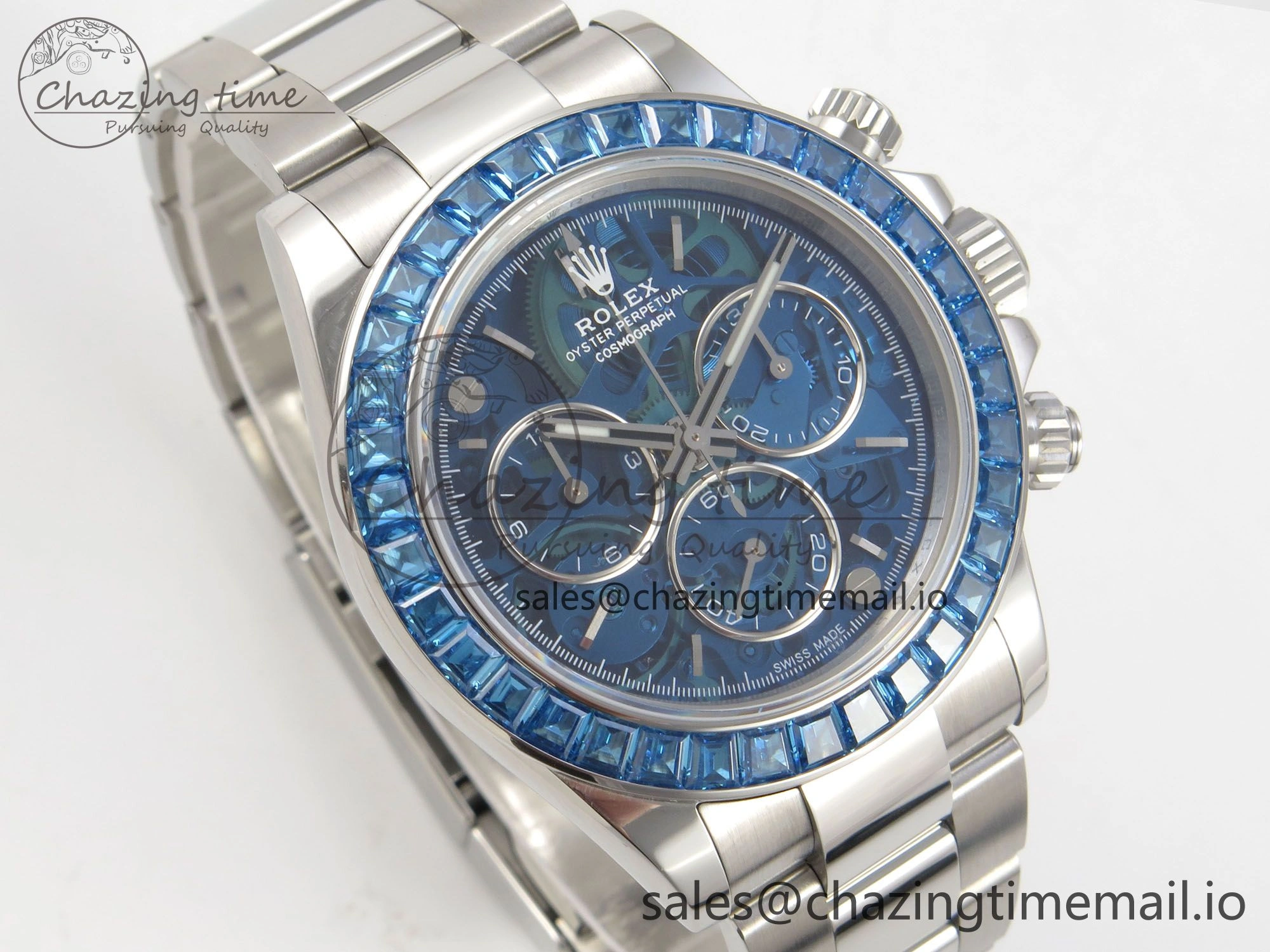 Custom Modded Daytona 40mm MPF Blue Skeleton Dial Blue Crystal Bezel on SS Bracelet SA4801