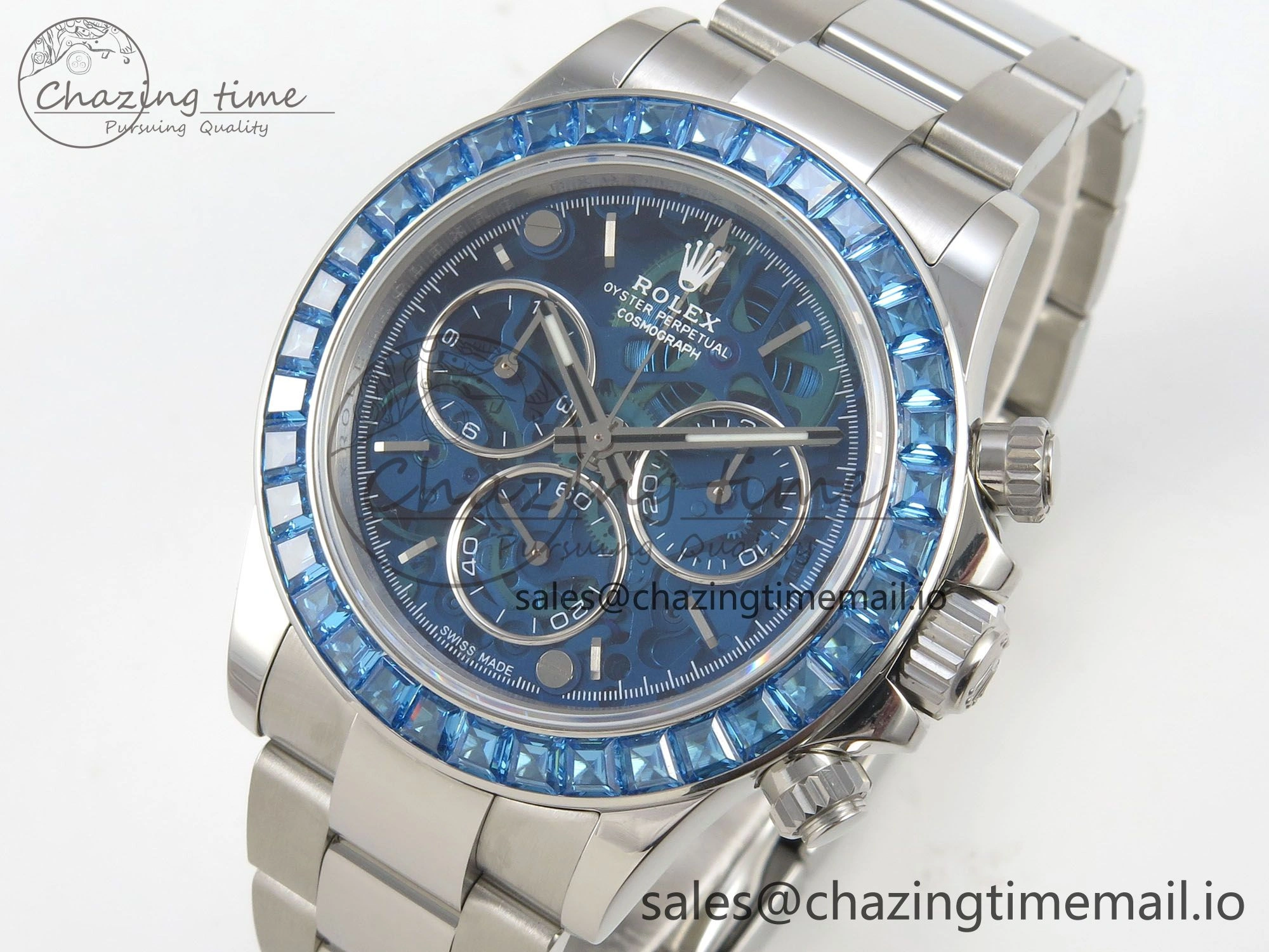 Custom Modded Daytona 40mm MPF Blue Skeleton Dial Blue Crystal Bezel on SS Bracelet SA4801