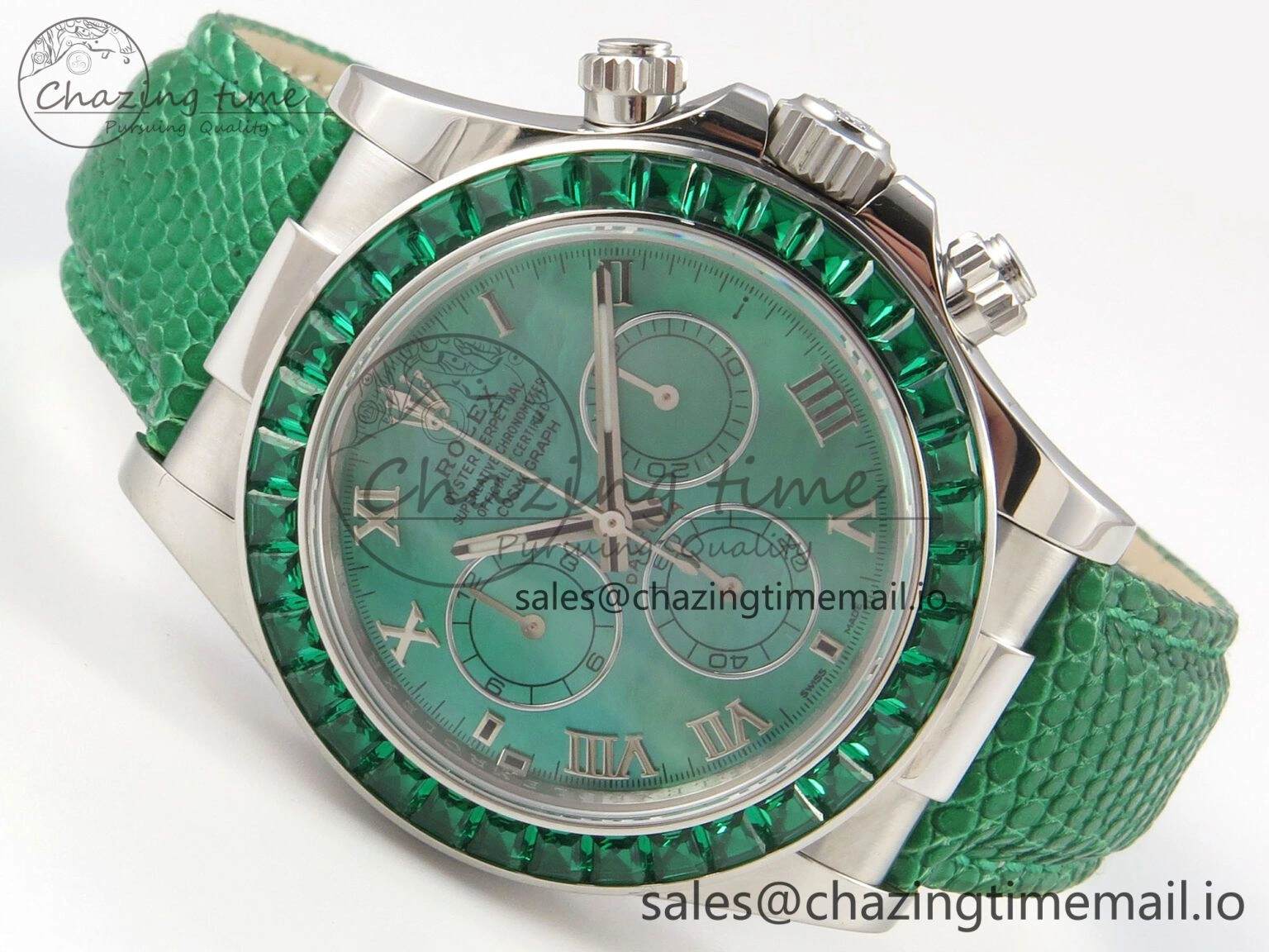 Custom Modded Daytona 40mm MPF Green Dial Diamonds Bezel on Green Leather Strap SA4801