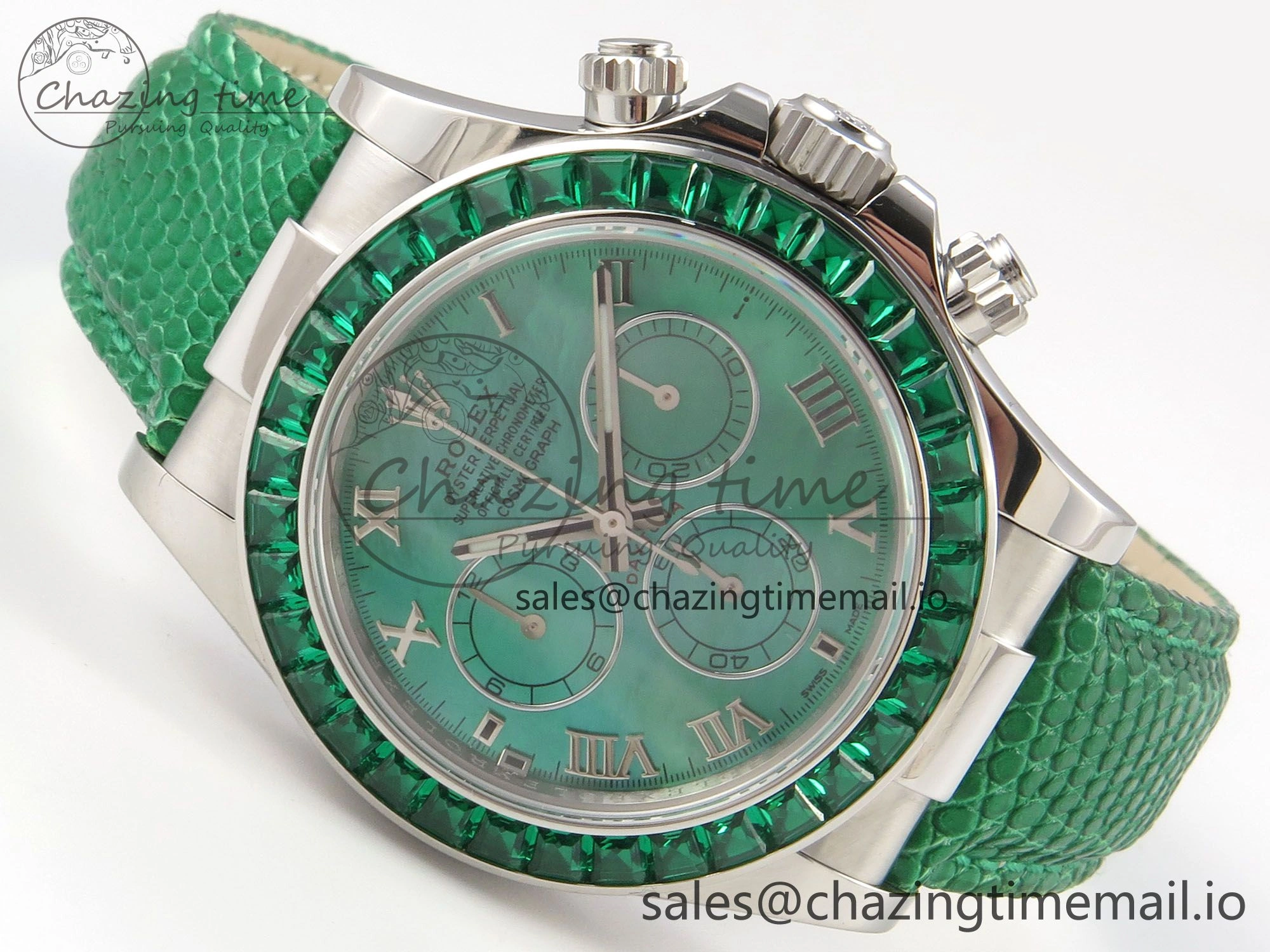 Custom Modded Daytona 40mm MPF Green Dial Diamonds Bezel on Green Leather Strap SA4801