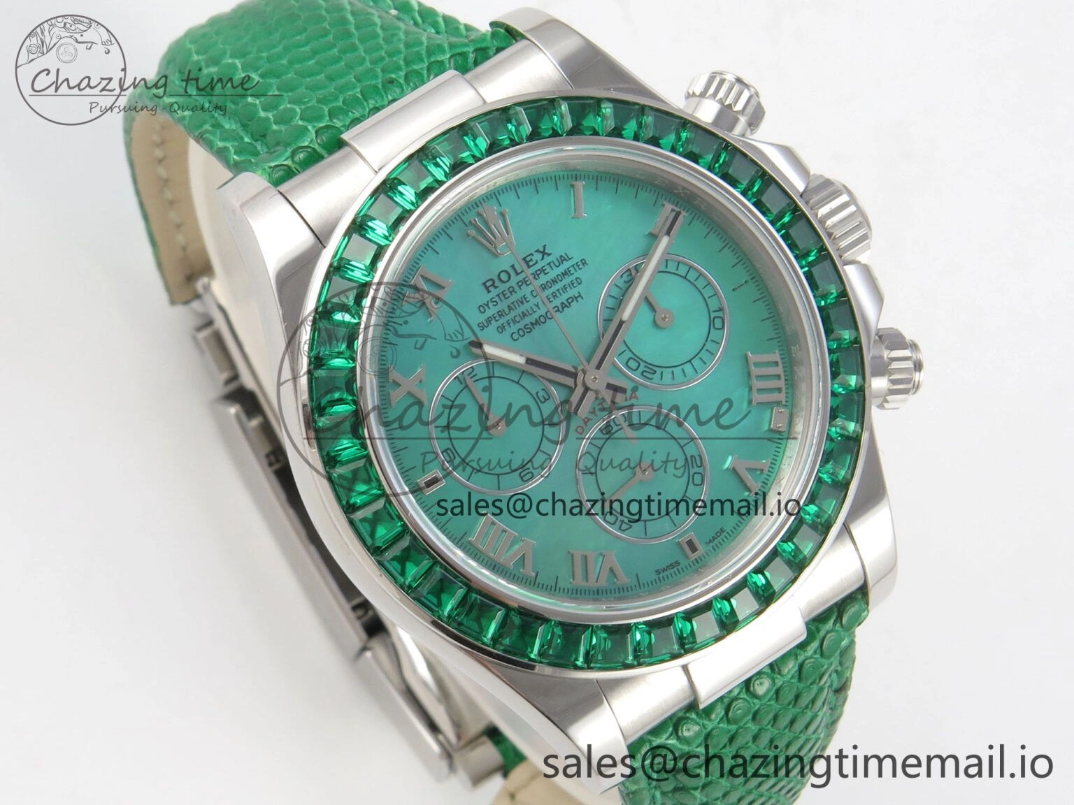 Custom Modded Daytona 40mm MPF Green Dial Diamonds Bezel on Green Leather Strap SA4801