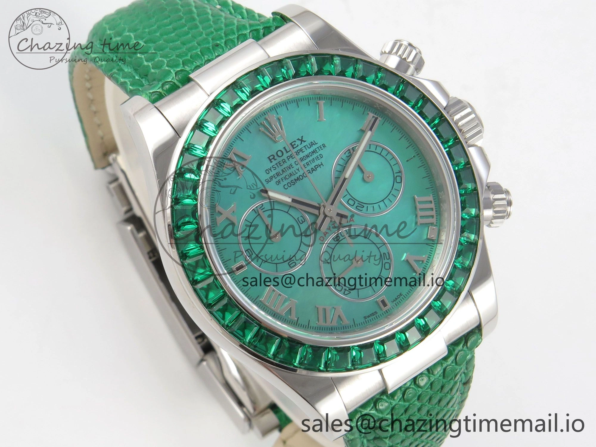 Custom Modded Daytona 40mm MPF Green Dial Diamonds Bezel on Green Leather Strap SA4801