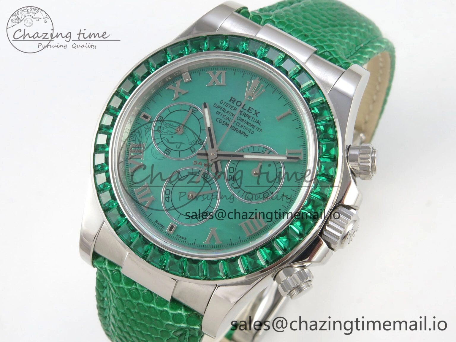 Custom Modded Daytona 40mm MPF Green Dial Diamonds Bezel on Green Leather Strap SA4801
