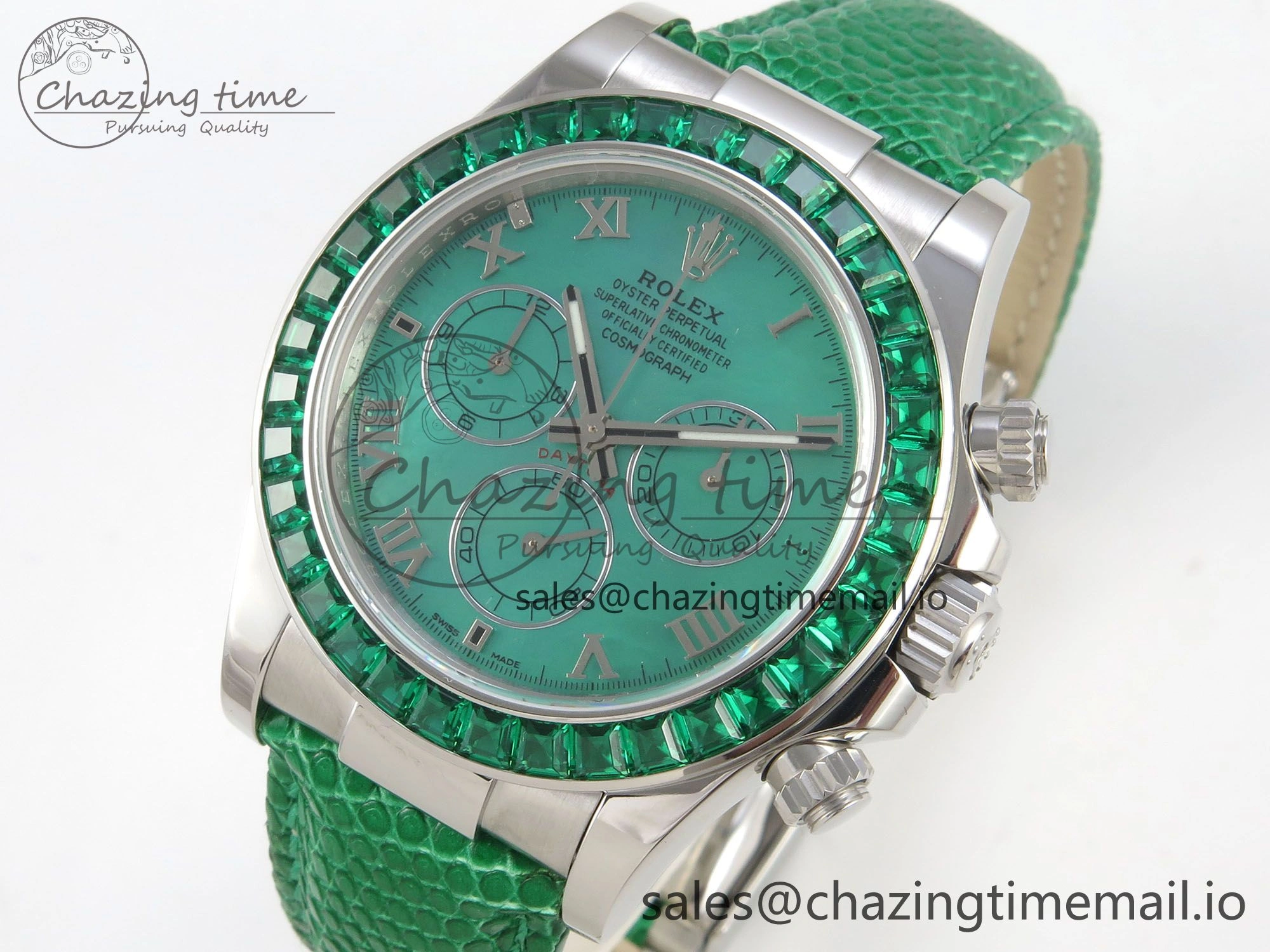 Custom Modded Daytona 40mm MPF Green Dial Diamonds Bezel on Green Leather Strap SA4801