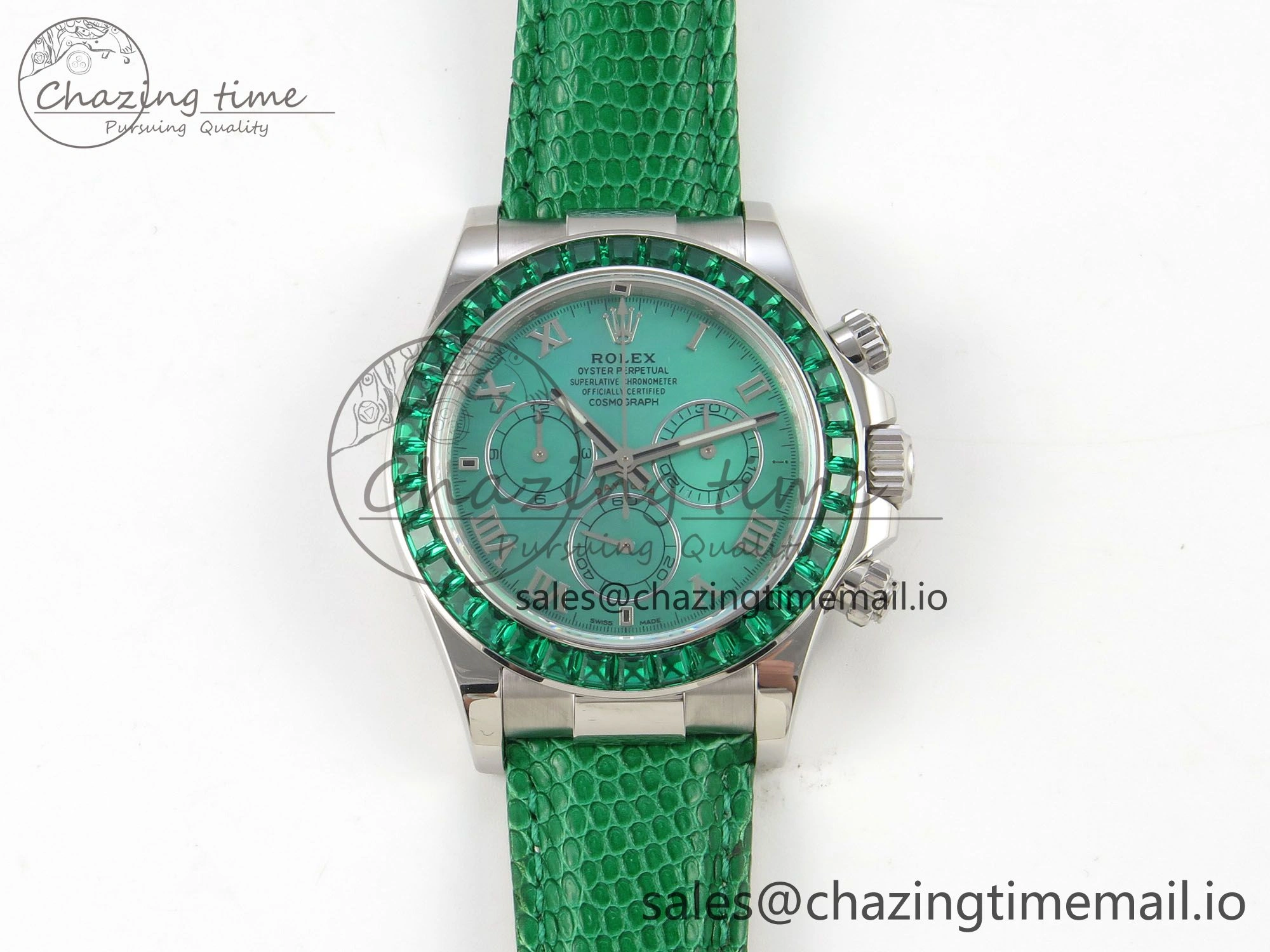 Custom Modded Daytona 40mm MPF Green Dial Diamonds Bezel on Green Leather Strap SA4801