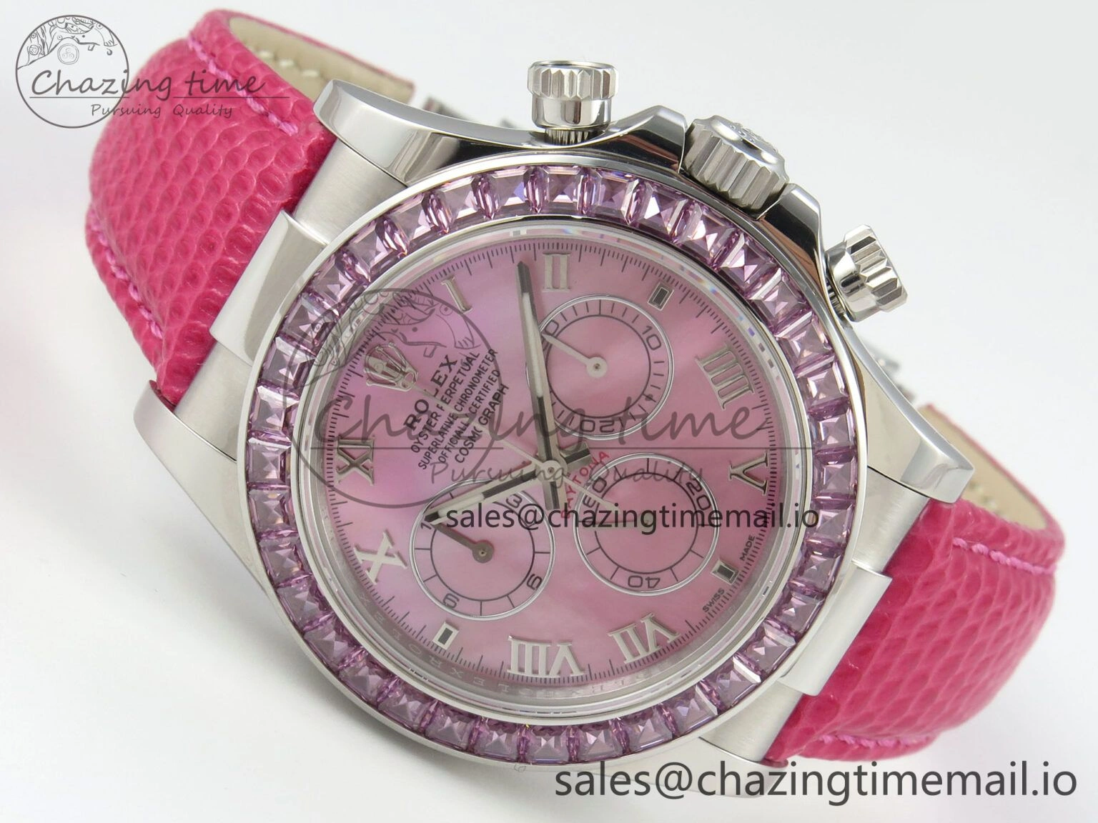 Custom Modded Daytona 40mm MPF Pink Dial Diamonds Bezel on Pink Leather Strap SA4801