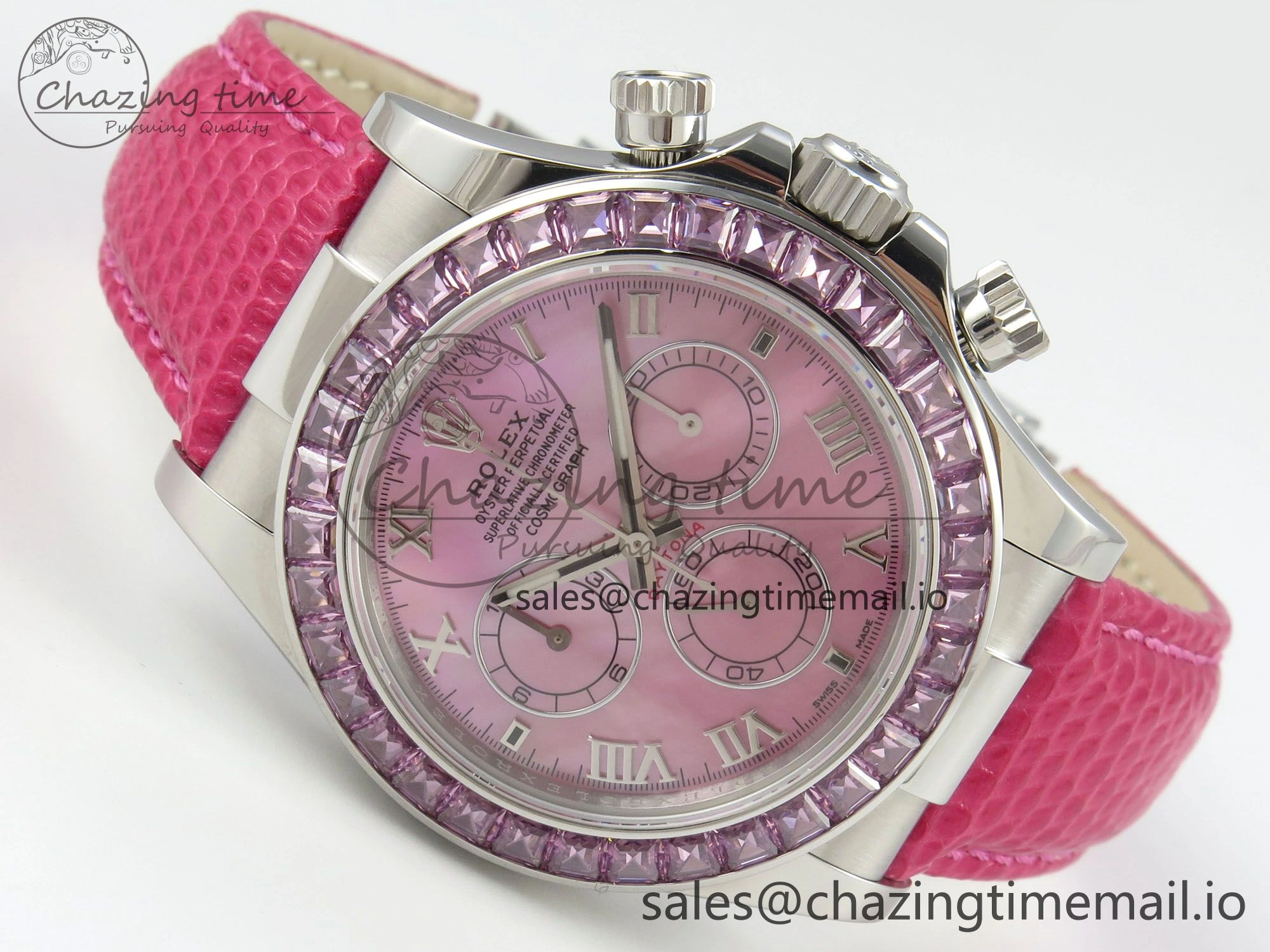 Custom Modded Daytona 40mm MPF Pink Dial Diamonds Bezel on Pink Leather Strap SA4801