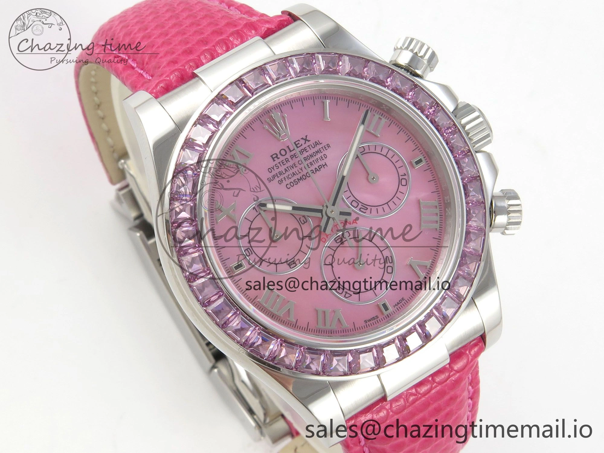 Custom Modded Daytona 40mm MPF Pink Dial Diamonds Bezel on Pink Leather Strap SA4801
