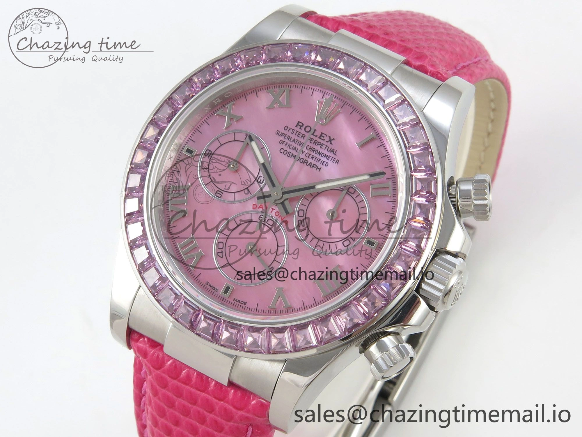 Custom Modded Daytona 40mm MPF Pink Dial Diamonds Bezel on Pink Leather Strap SA4801