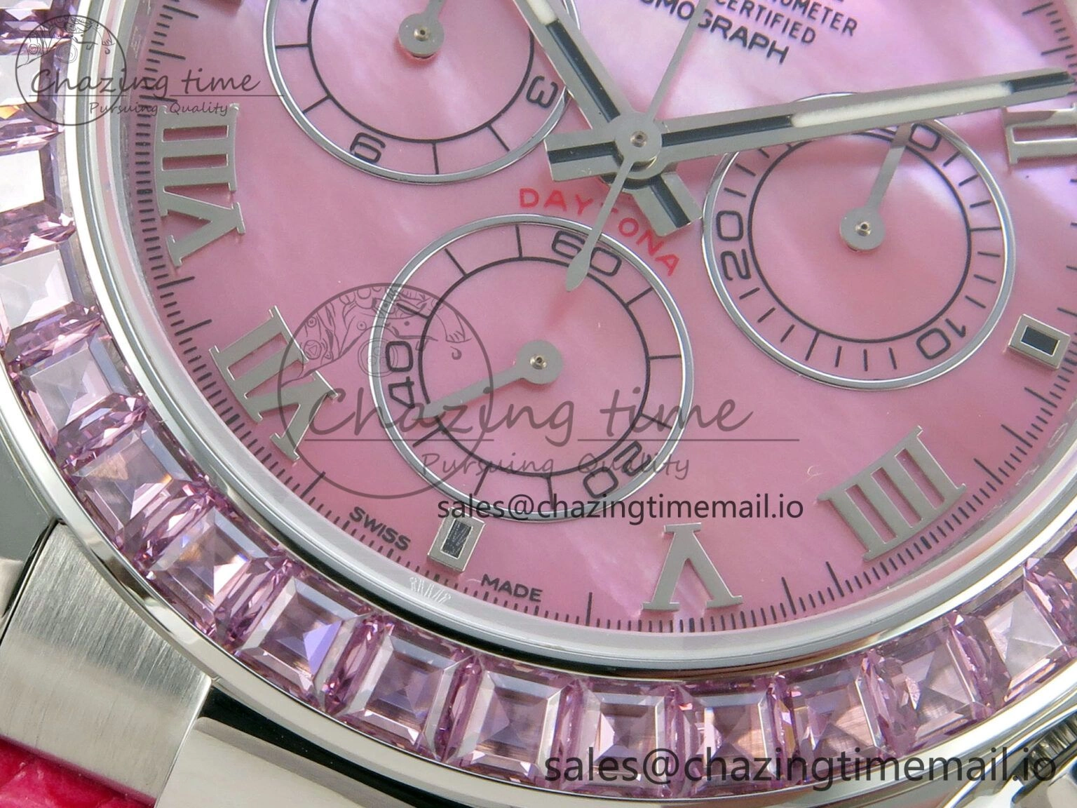 Custom Modded Daytona 40mm MPF Pink Dial Diamonds Bezel on Pink Leather Strap SA4801