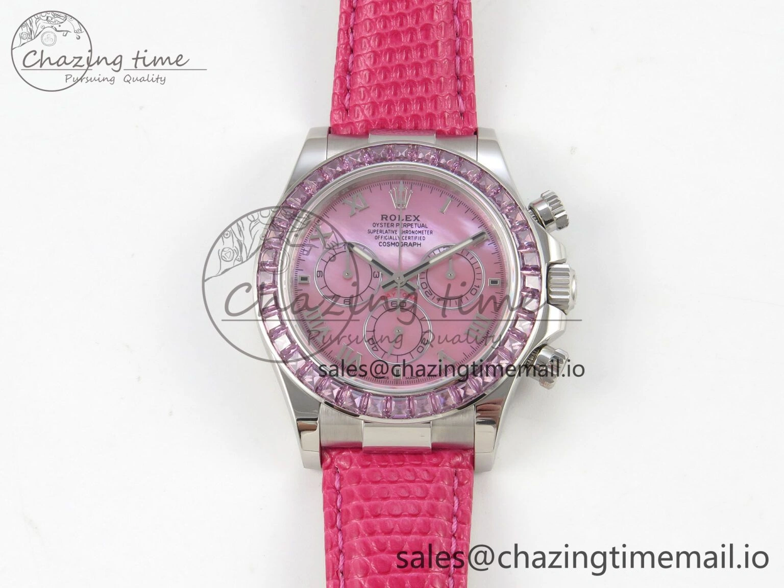 Custom Modded Daytona 40mm MPF Pink Dial Diamonds Bezel on Pink Leather Strap SA4801