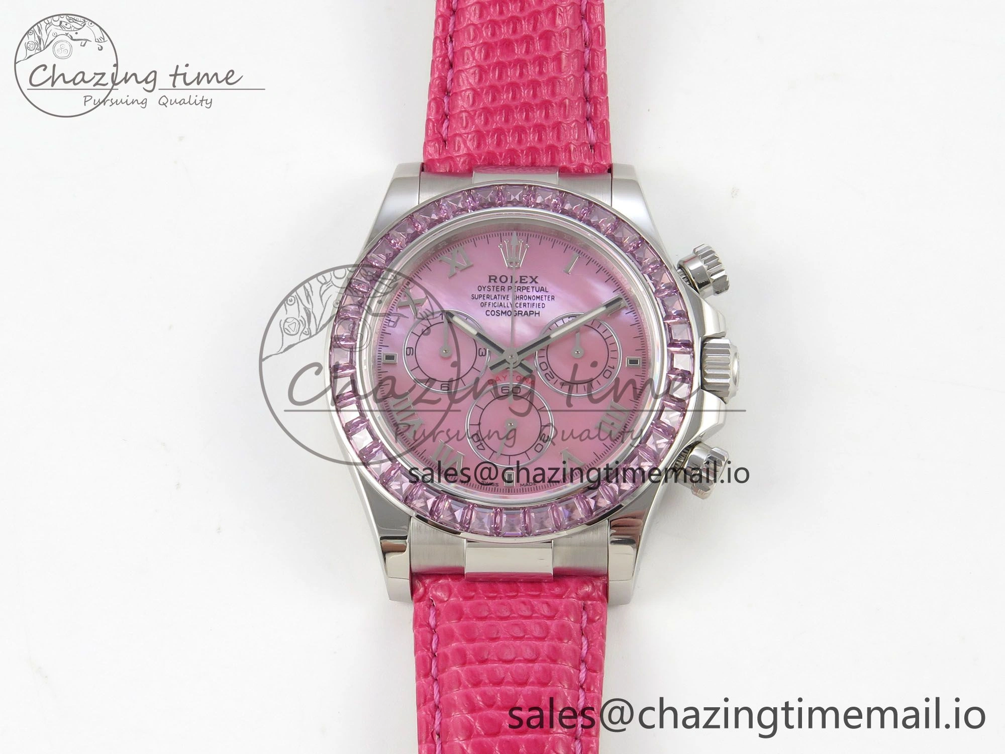 Custom Modded Daytona 40mm MPF Pink Dial Diamonds Bezel on Pink Leather Strap SA4801