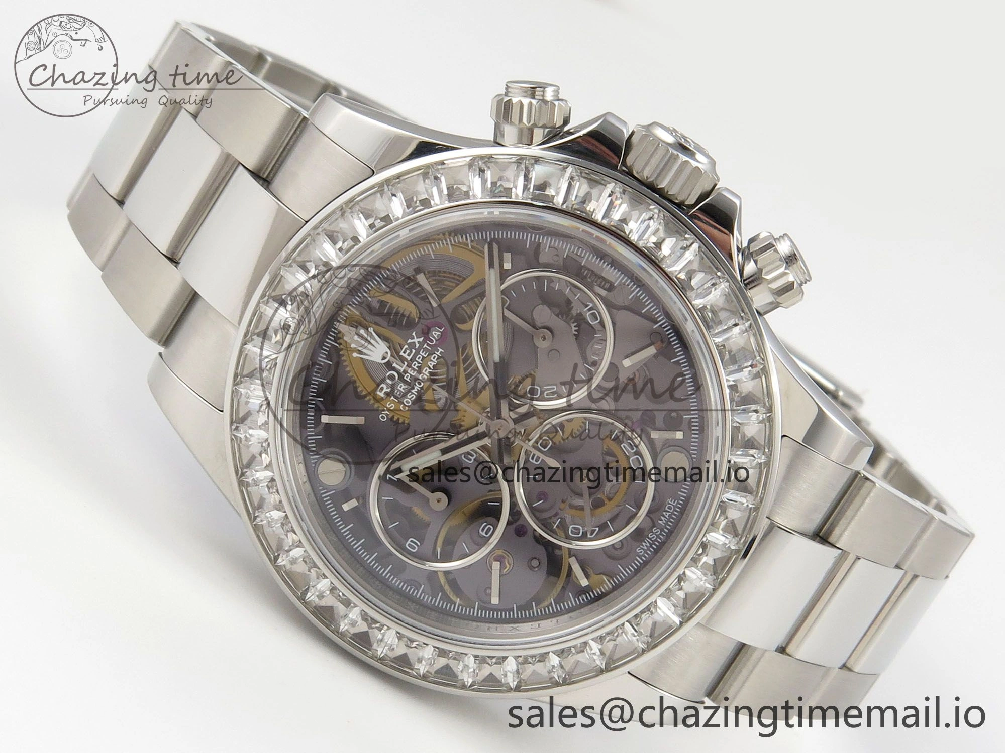 Custom Modded Daytona 40mm MPF Skeleton Dial Crystal Bezel on SS Bracelet SA4801