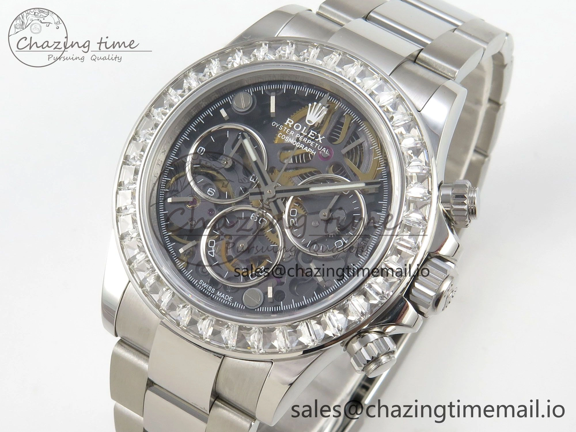 Custom Modded Daytona 40mm MPF Skeleton Dial Crystal Bezel on SS Bracelet SA4801