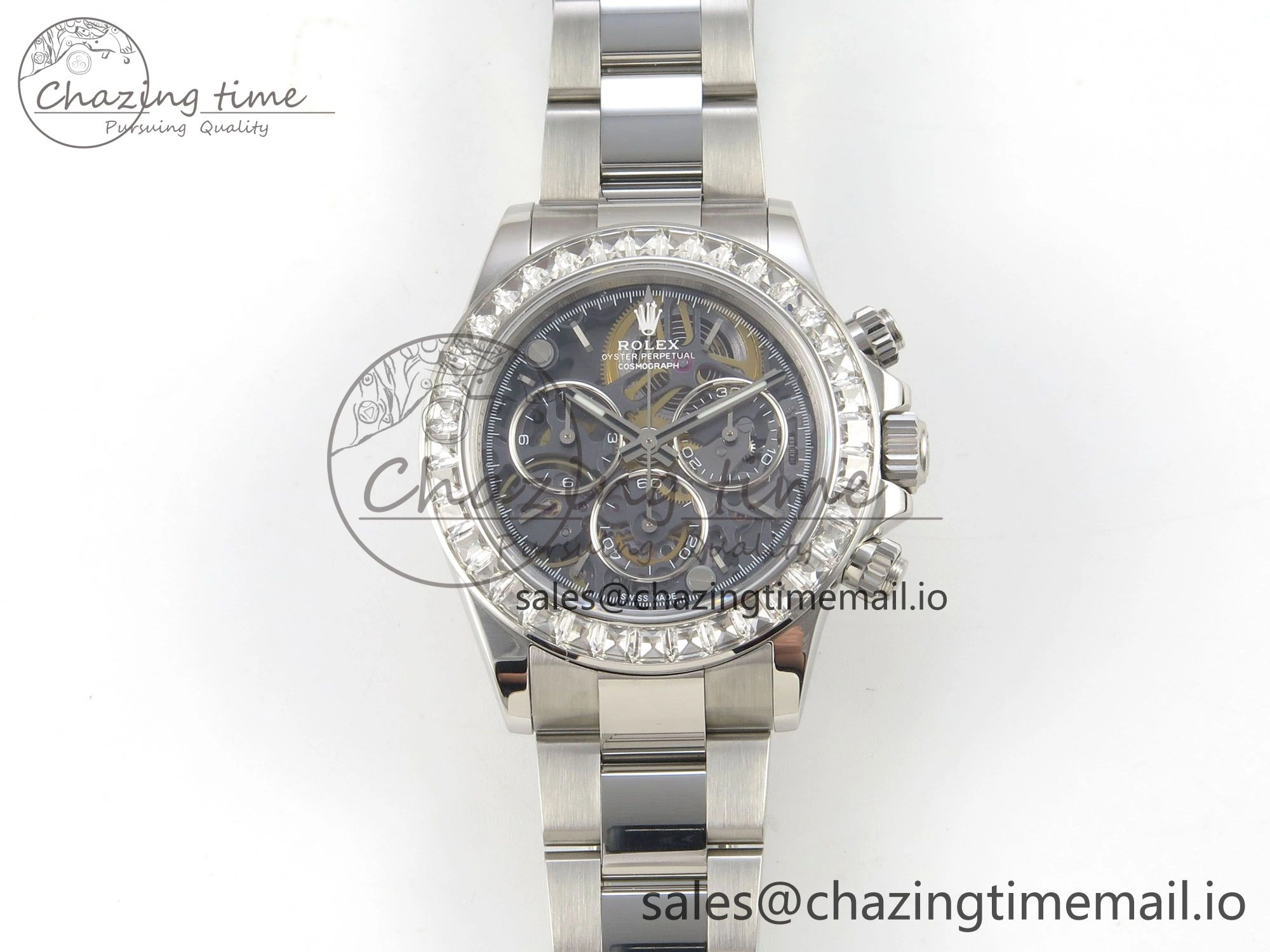 Custom Modded Daytona 40mm MPF Skeleton Dial Crystal Bezel on SS Bracelet SA4801