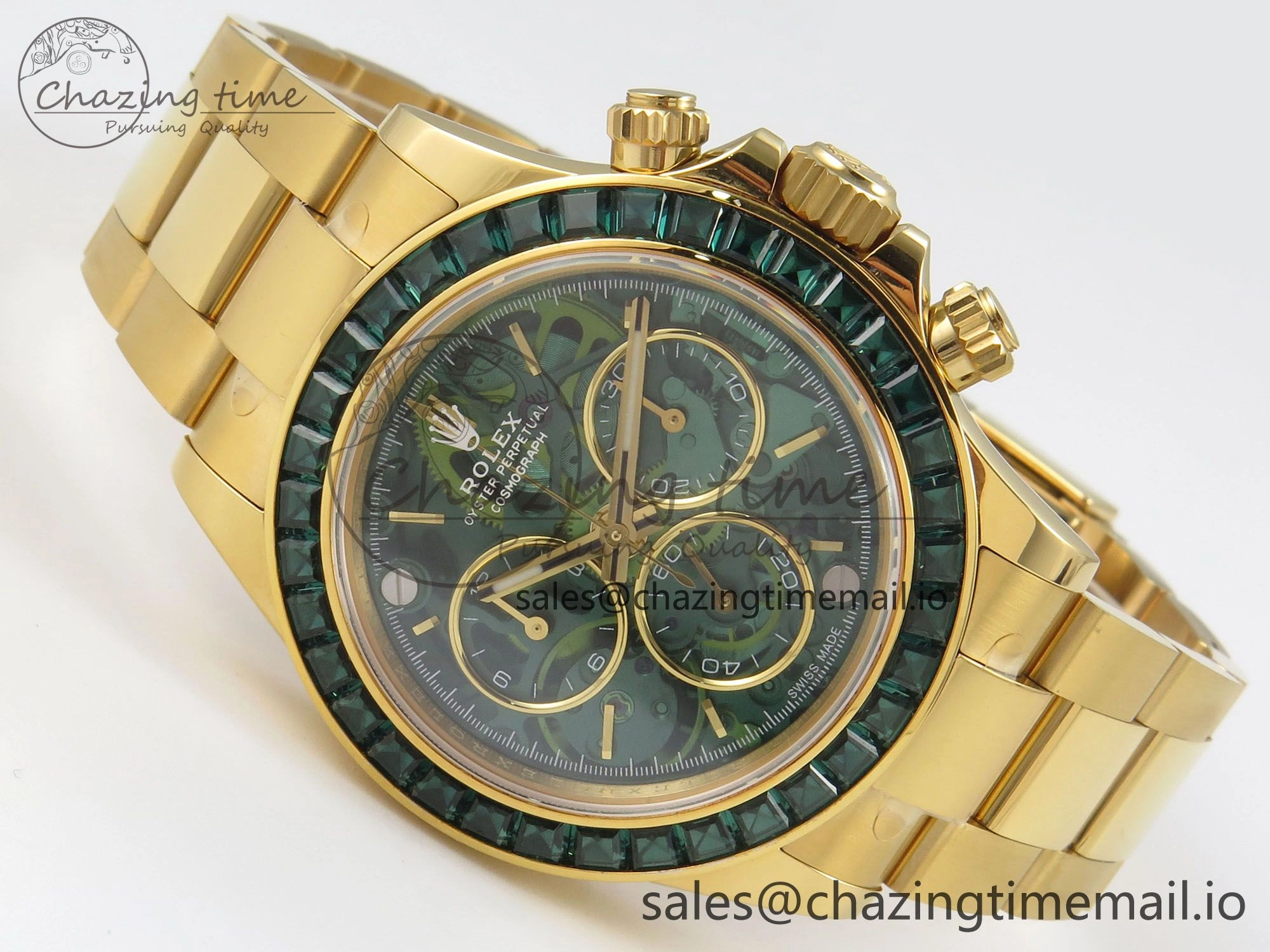 Custom Modded Daytona 40mm MPF Skeleton Dial Green Crystals Bezel on YG Bracelet SA4801
