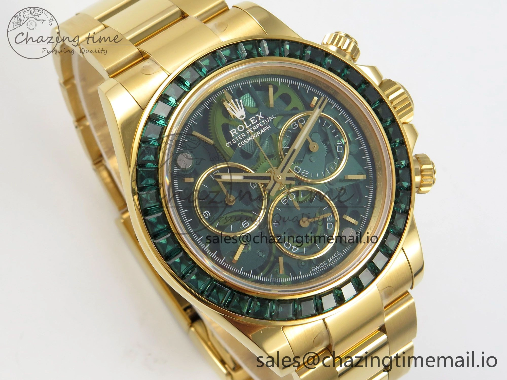 Custom Modded Daytona 40mm MPF Skeleton Dial Green Crystals Bezel on YG Bracelet SA4801