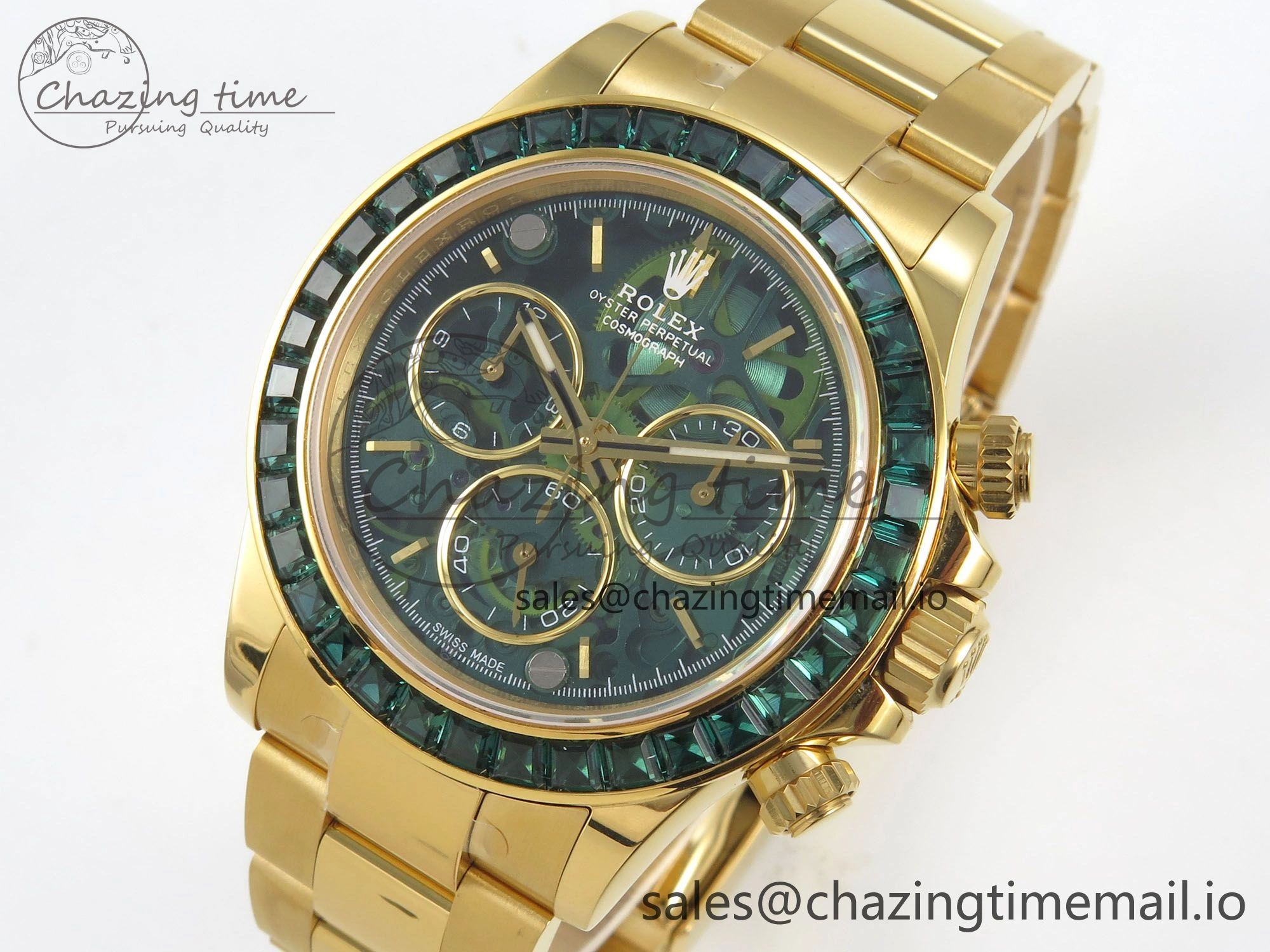 Custom Modded Daytona 40mm MPF Skeleton Dial Green Crystals Bezel on YG Bracelet SA4801
