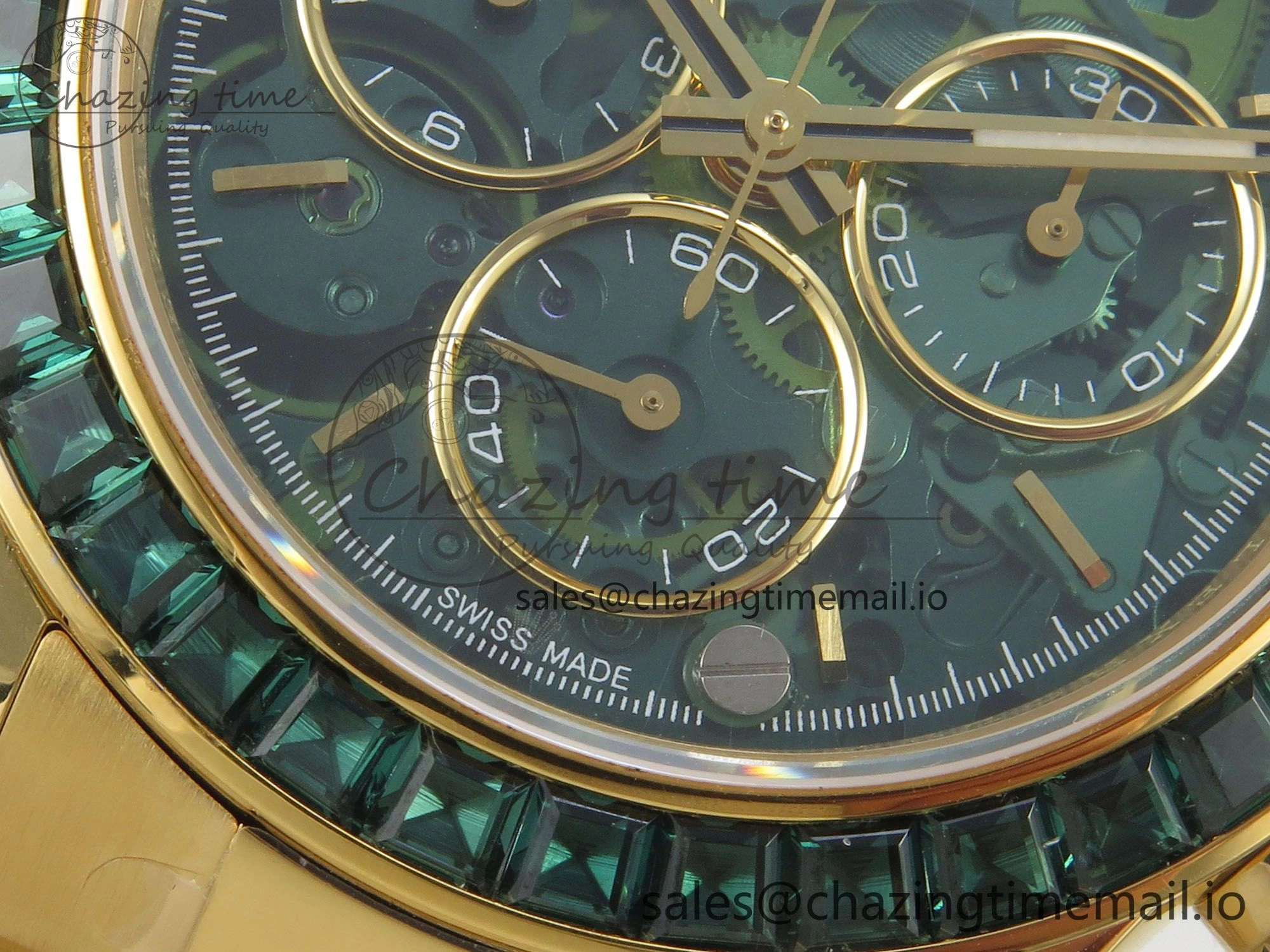 Custom Modded Daytona 40mm MPF Skeleton Dial Green Crystals Bezel on YG Bracelet SA4801