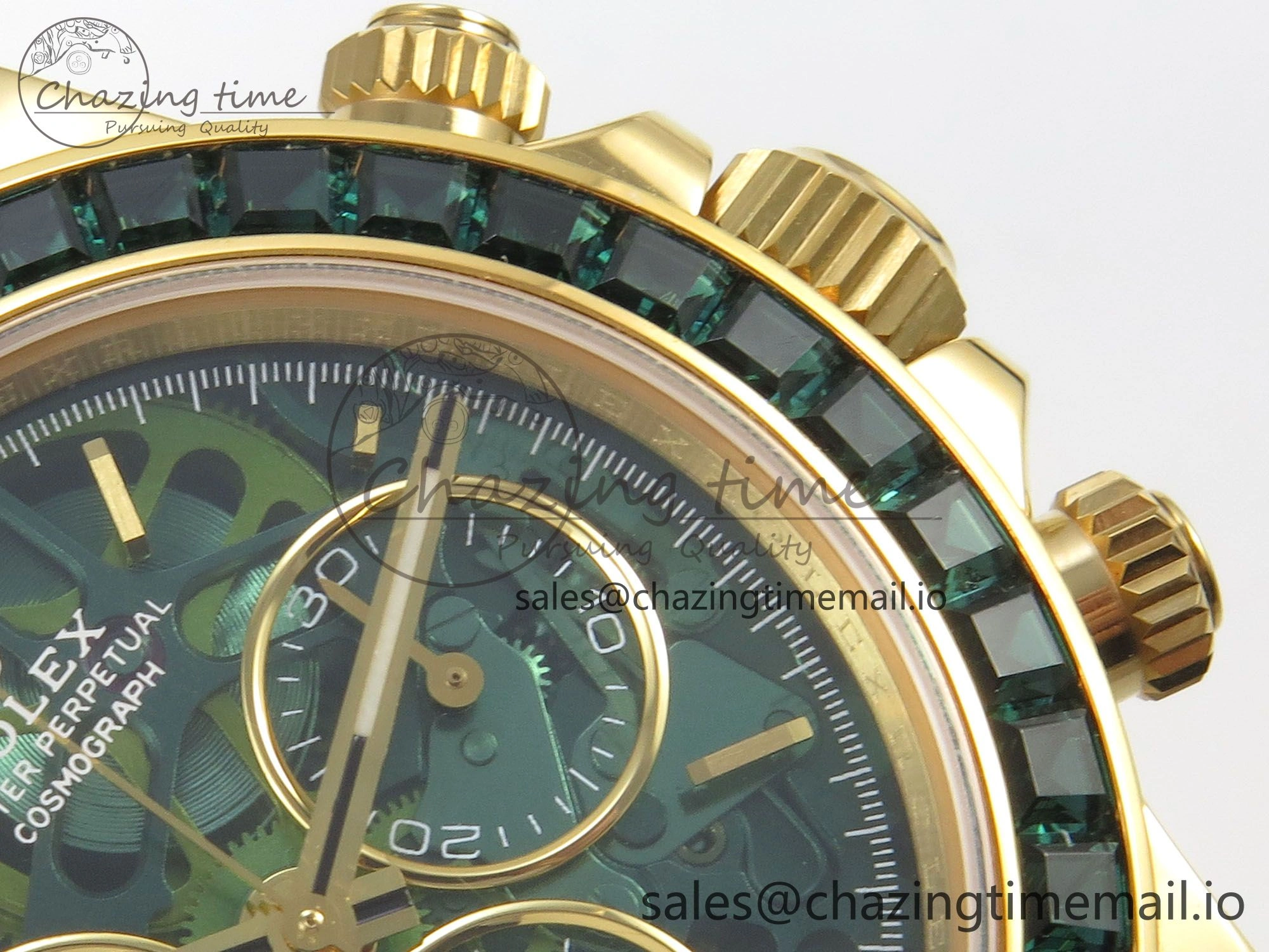 Custom Modded Daytona 40mm MPF Skeleton Dial Green Crystals Bezel on YG Bracelet SA4801