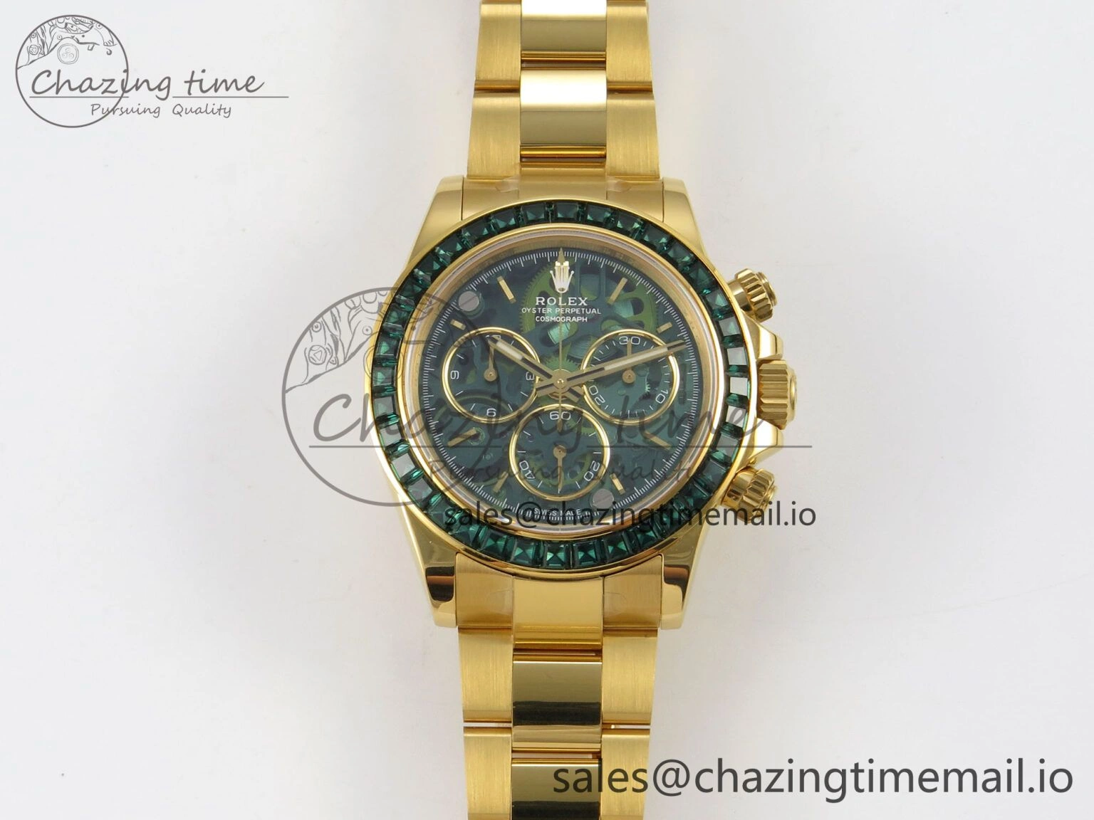 Custom Modded Daytona 40mm MPF Skeleton Dial Green Crystals Bezel on YG Bracelet SA4801
