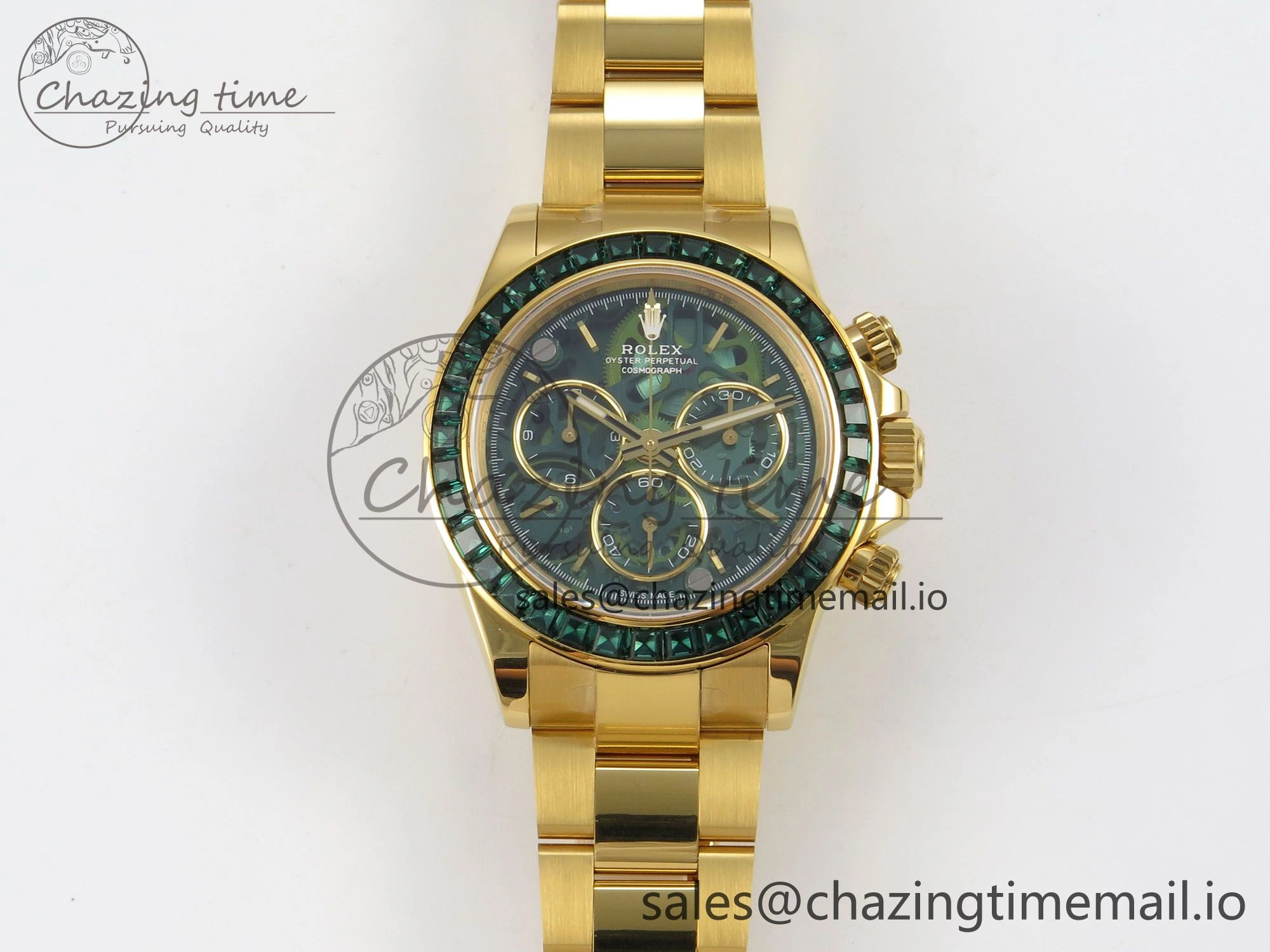 Custom Modded Daytona 40mm MPF Skeleton Dial Green Crystals Bezel on YG Bracelet SA4801