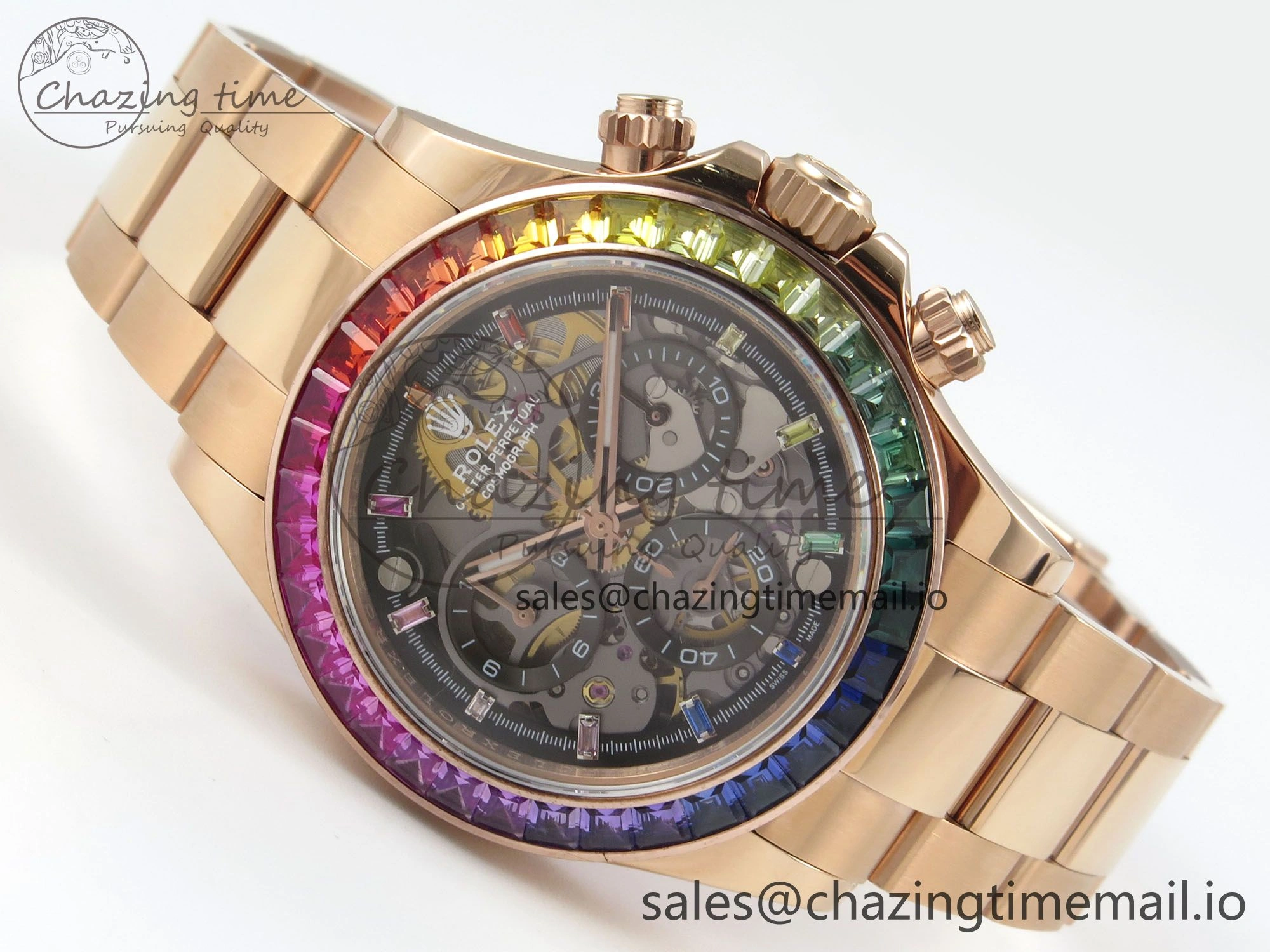 Custom Modded Daytona 40mm MPF Skeleton Dial Rainbow Crystals Bezel on RG Bracelet SA4801