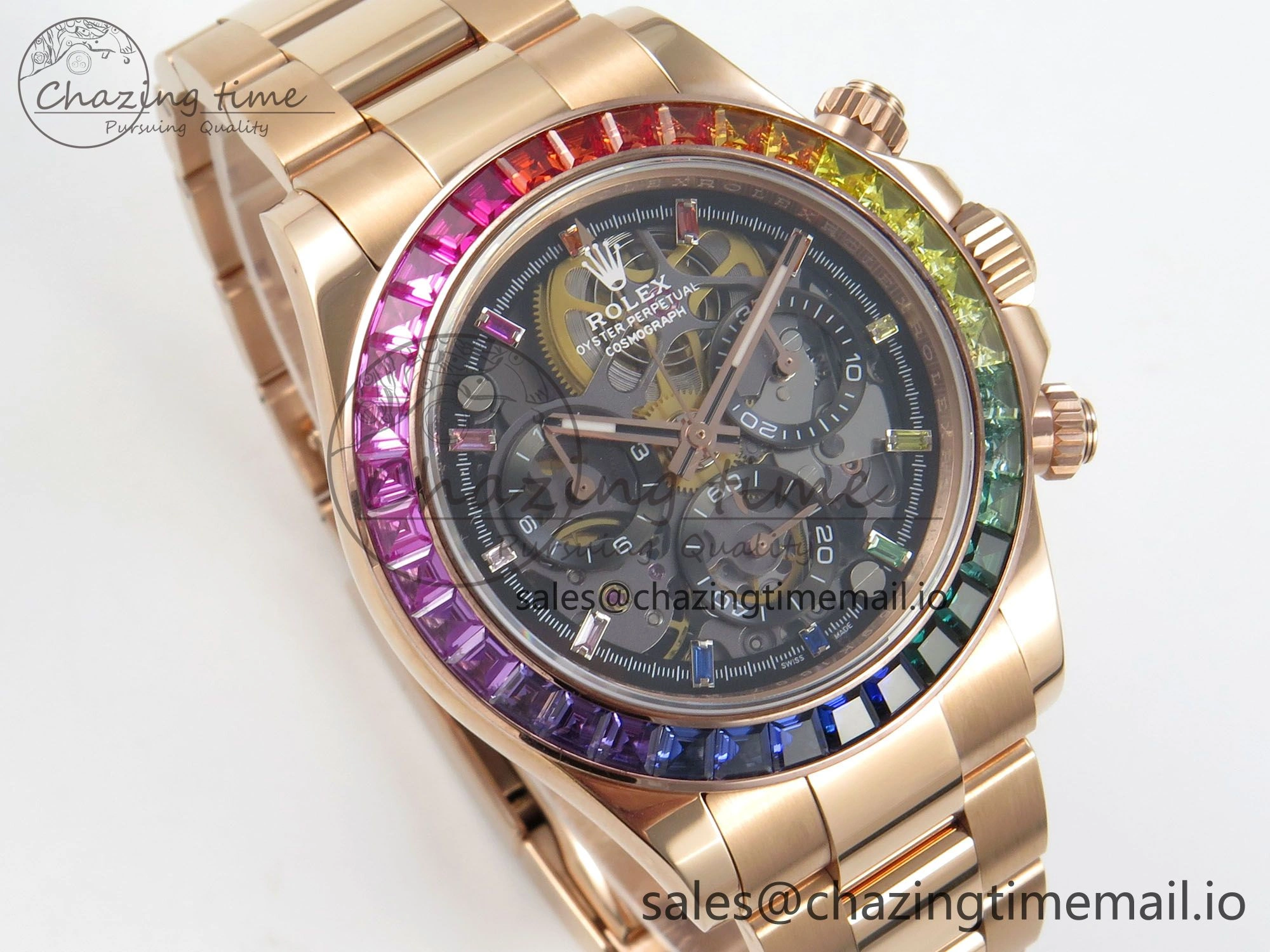 Custom Modded Daytona 40mm MPF Skeleton Dial Rainbow Crystals Bezel on RG Bracelet SA4801