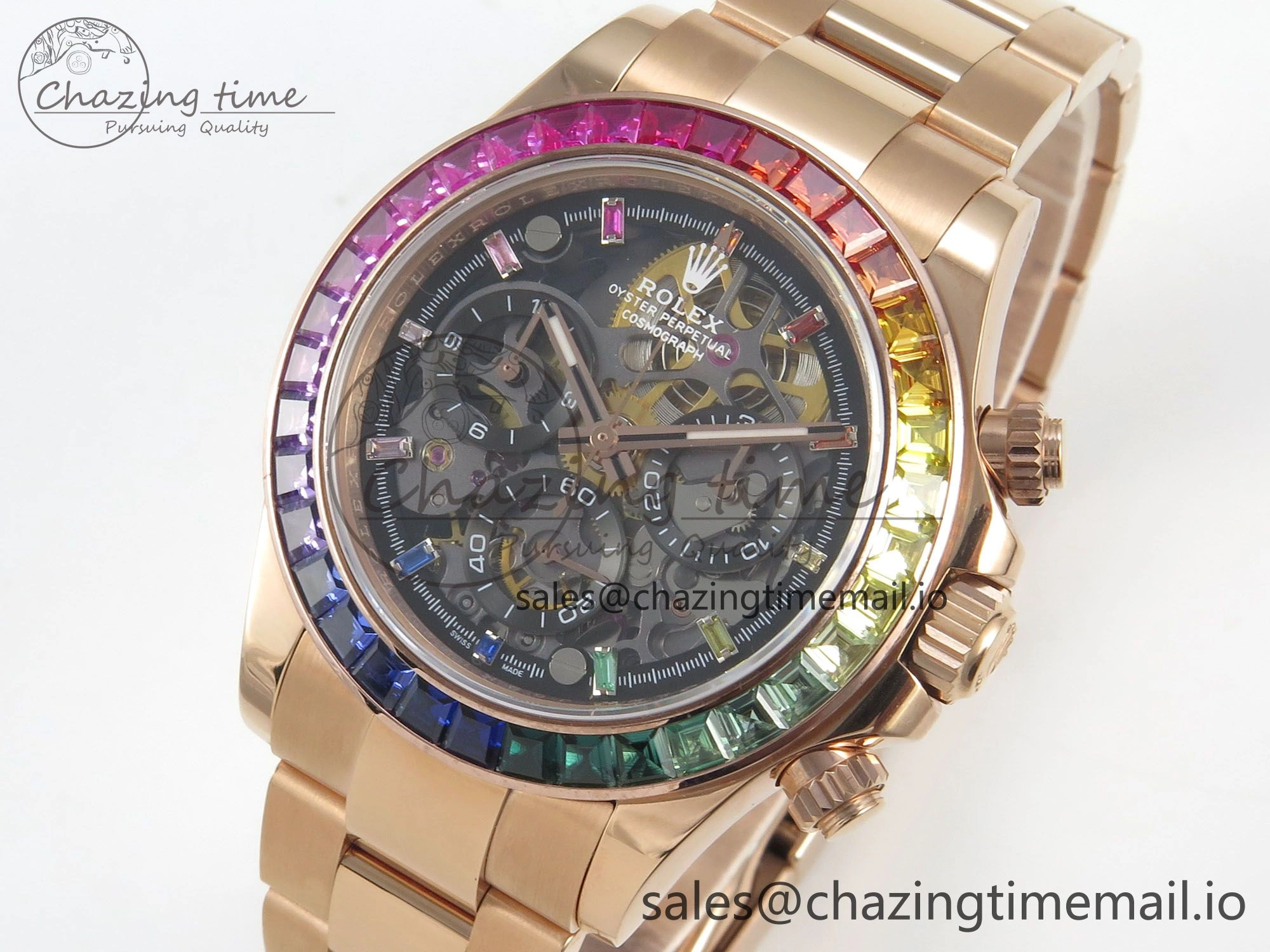 Custom Modded Daytona 40mm MPF Skeleton Dial Rainbow Crystals Bezel on RG Bracelet SA4801