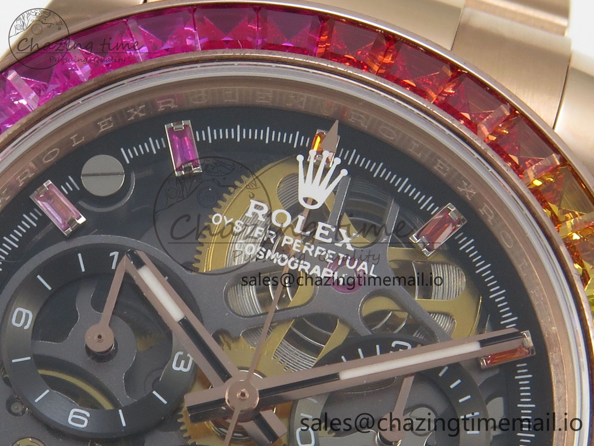 Custom Modded Daytona 40mm MPF Skeleton Dial Rainbow Crystals Bezel on RG Bracelet SA4801